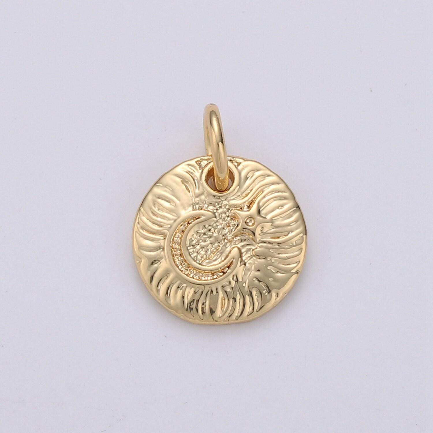Celestial jewelry gold crescent moon charm rustic coin disc charm jewelry making supply 24k gold findings chgf-1400, 1401