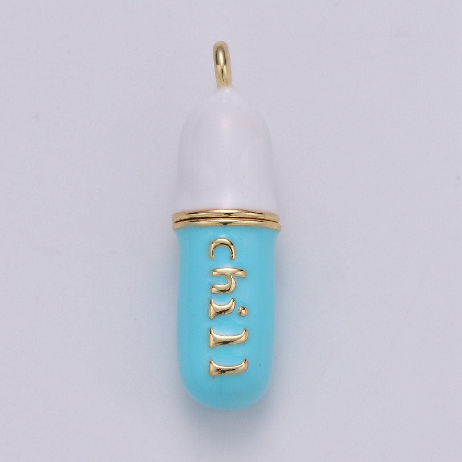 Dainty gold pill bar pendant enamel teal vibes chill charm 24k gold filed pendant 29x8mm for bracelet necklace earring component supply