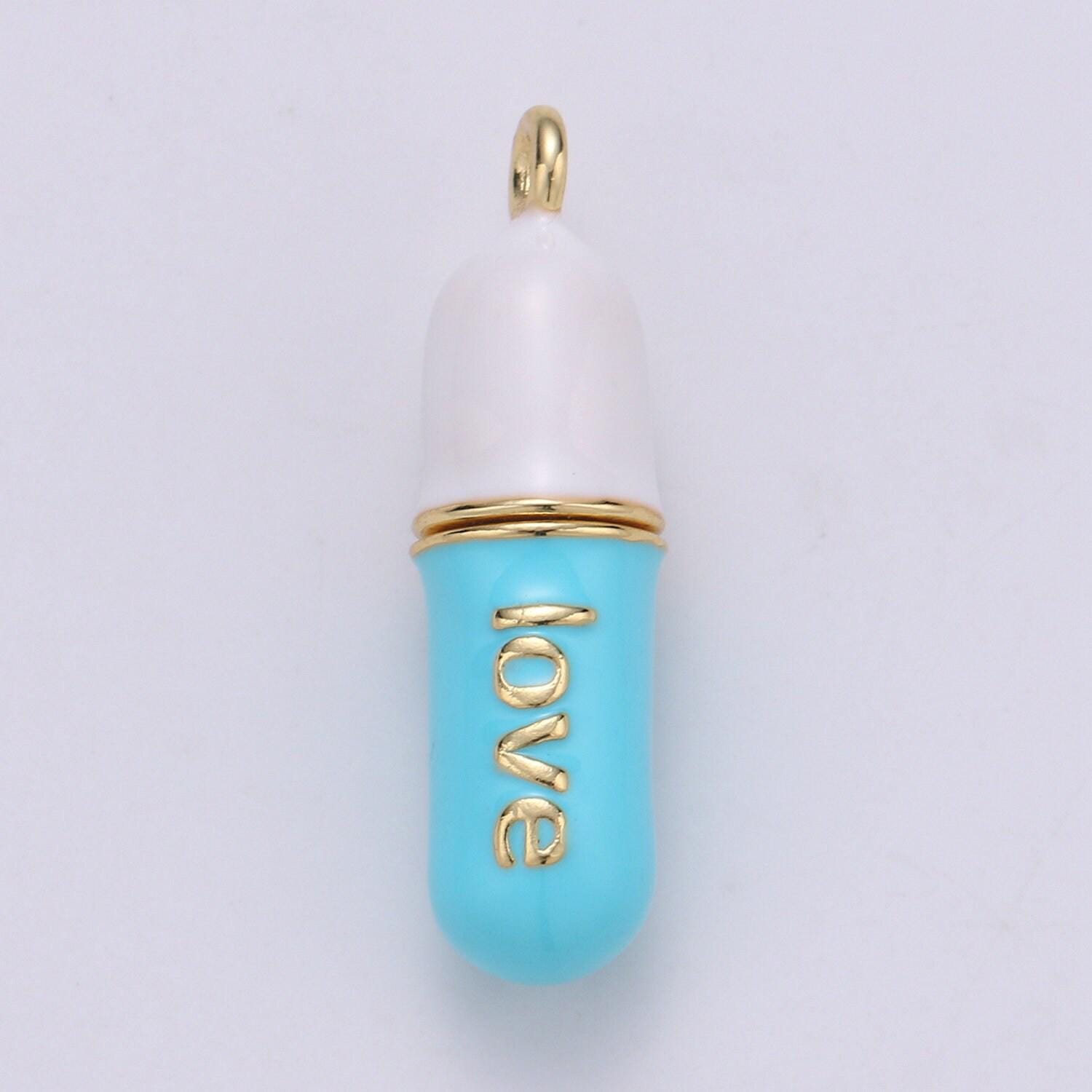 Dainty gold pill bar pendant enamel teal vibes chill charm 24k gold filed pendant 29x8mm for bracelet necklace earring component supply