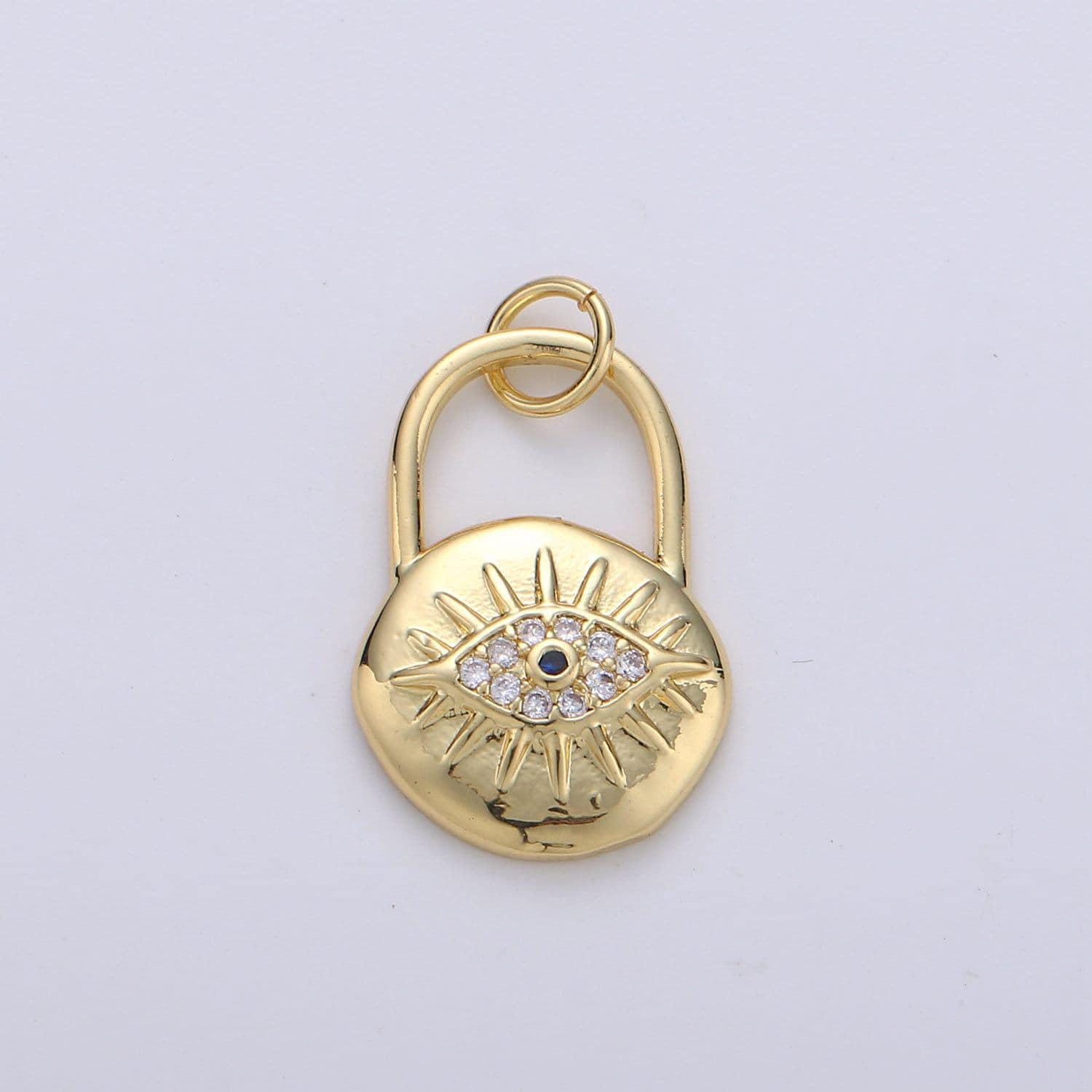 Gold padlock pendant charm with cz• 23x12mm •24kgold sparkly cubic zirconia cz evil eye charm small charm for necklace bracelet, 1266