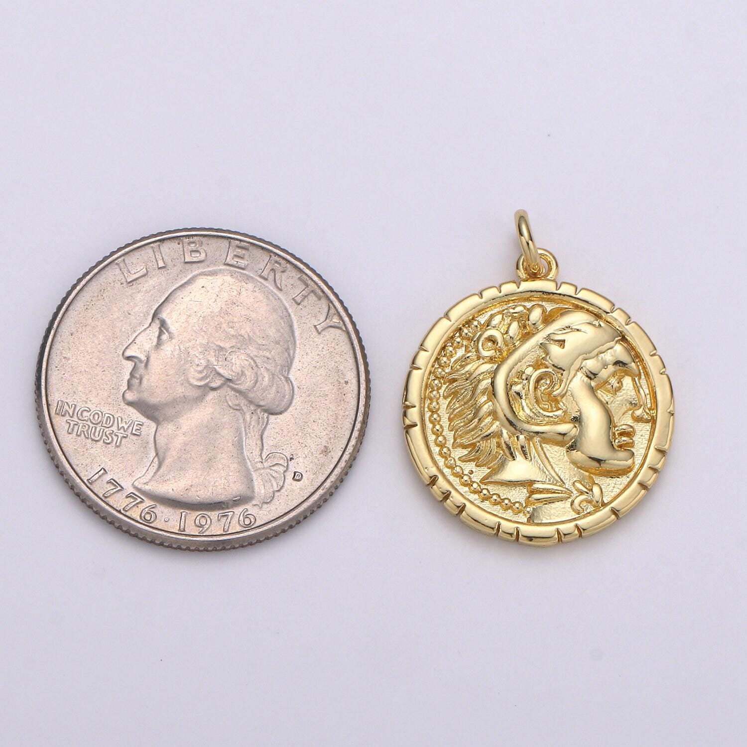 14k gold alexander the great greek warrior coin medallion, ancient gold coin pendant, jewelry diy, necklace pendant, wristlet charm d-149