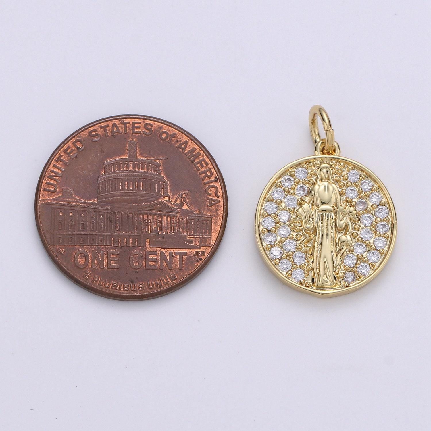 14k gf virgin mary gold coin necklace, religious coin pendant necklace, micro pave cubic catholic gold coin jewelry for necklace bracelet
