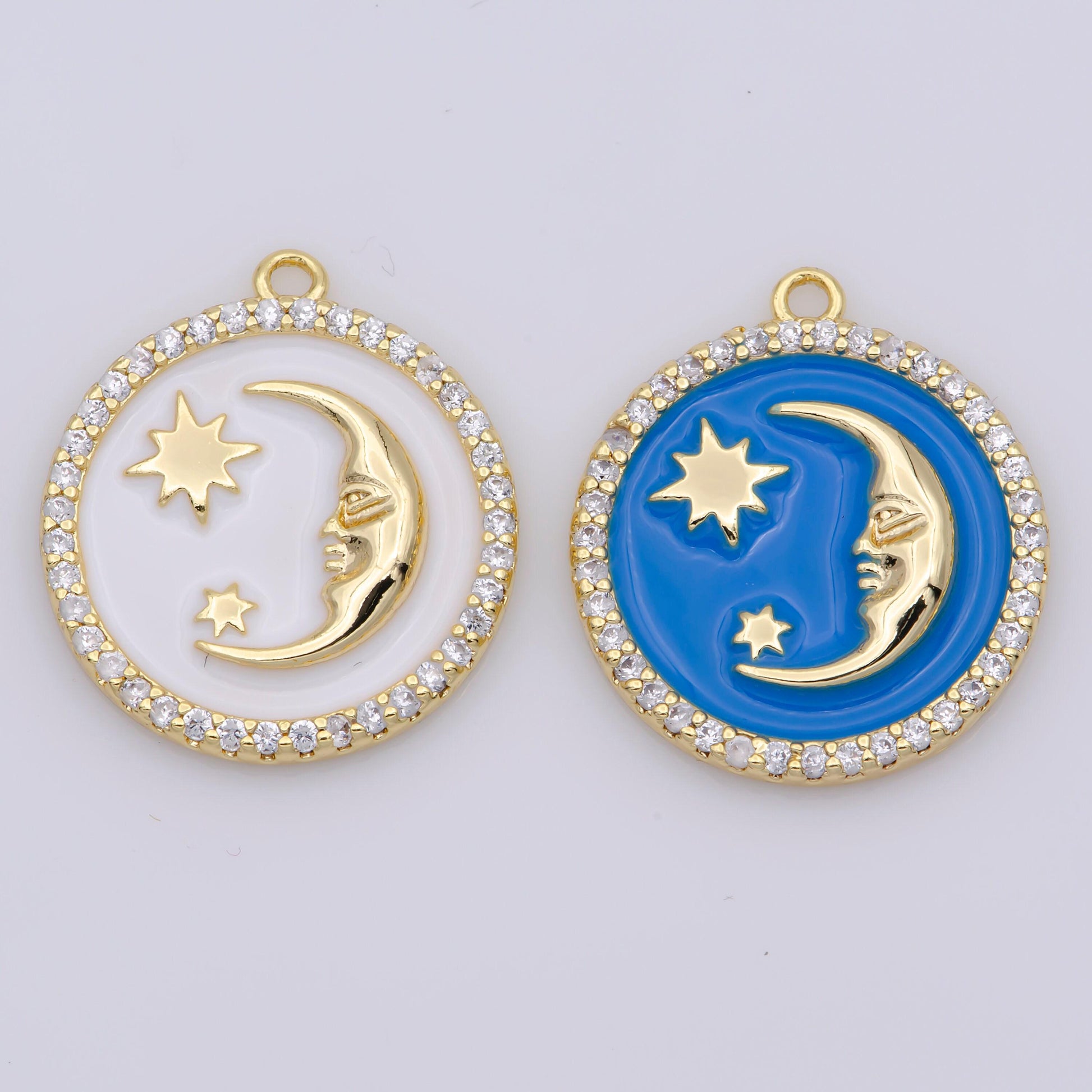 Tiny celestial charm white blue enamel moon and star charms with micro pave con base moon charms jewelry supplies