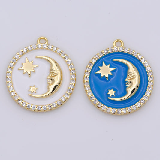 Tiny celestial charm white blue enamel moon and star charms with micro pave con base moon charms jewelry supplies