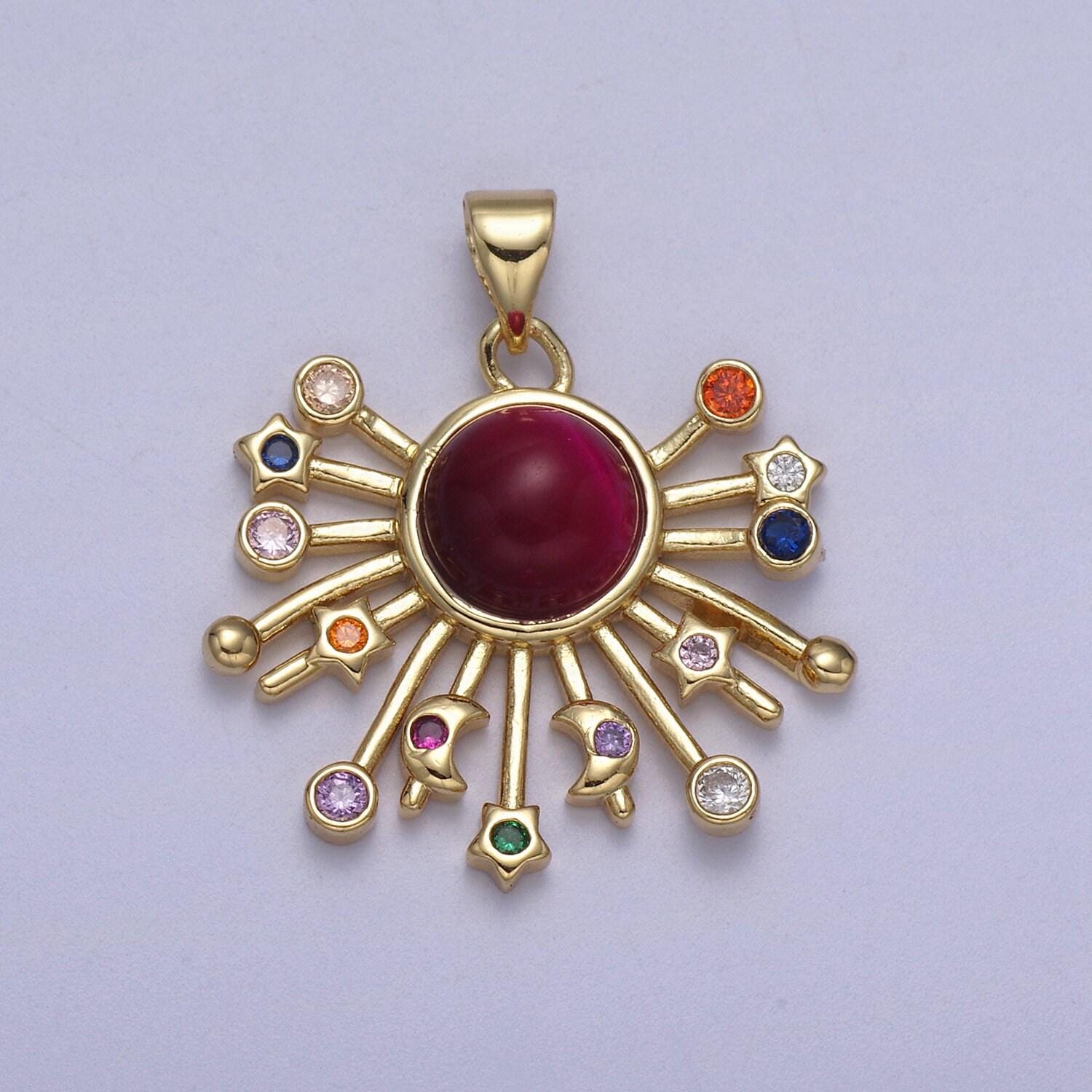 14k gold fill sun charm color cz sunburst pendant sunbeam charm sunshine solar boho bohemian jewelry h-111 / h-112 / h-113