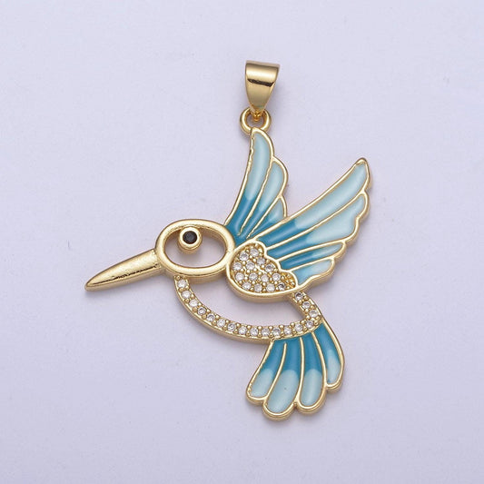 Blue enamel gold hummingbird charm 14k gold filled humming bird pendant 38mmx31mm gold cz animal jewelry