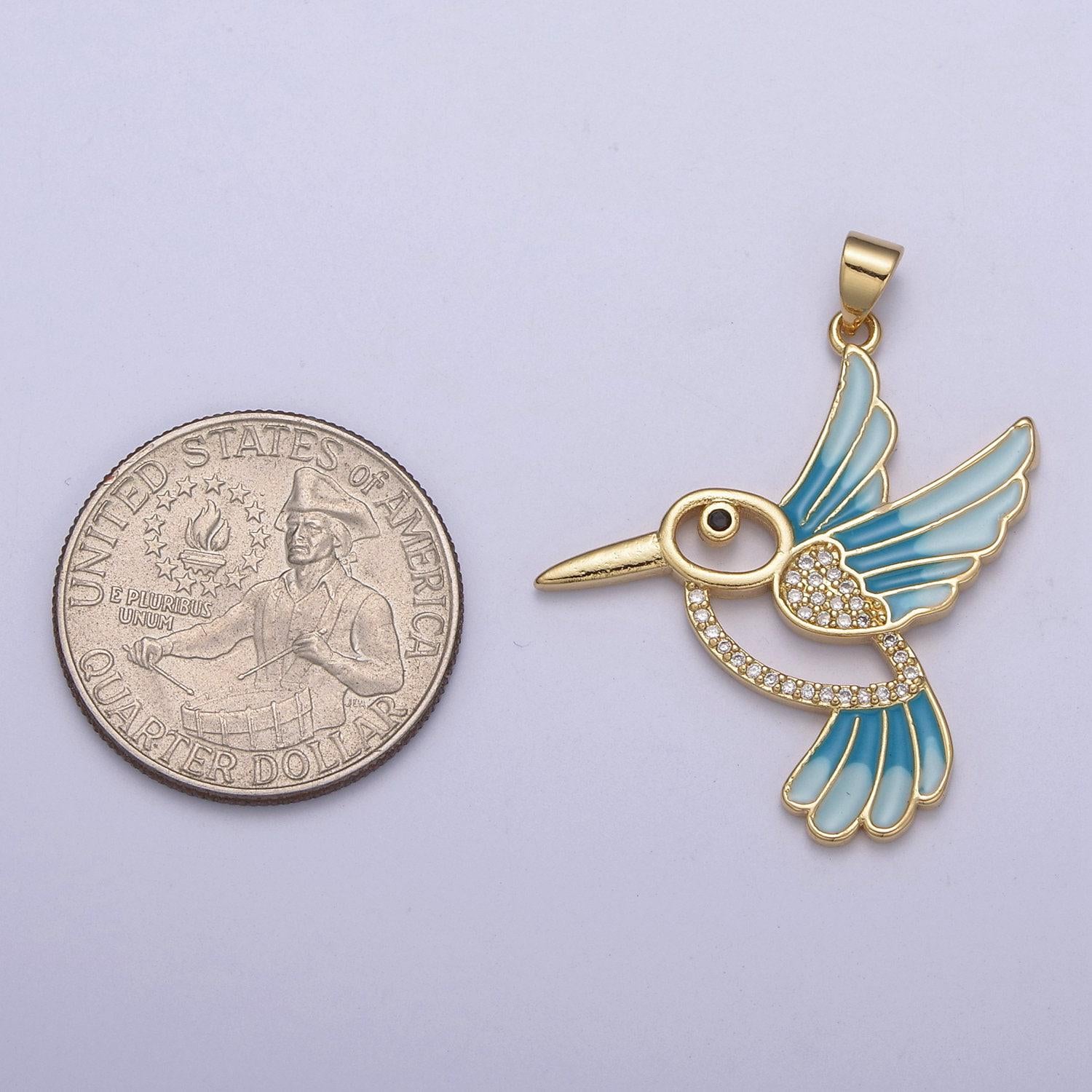 Blue enamel gold hummingbird charm 14k gold filled humming bird pendant 38mmx31mm gold cz animal jewelry