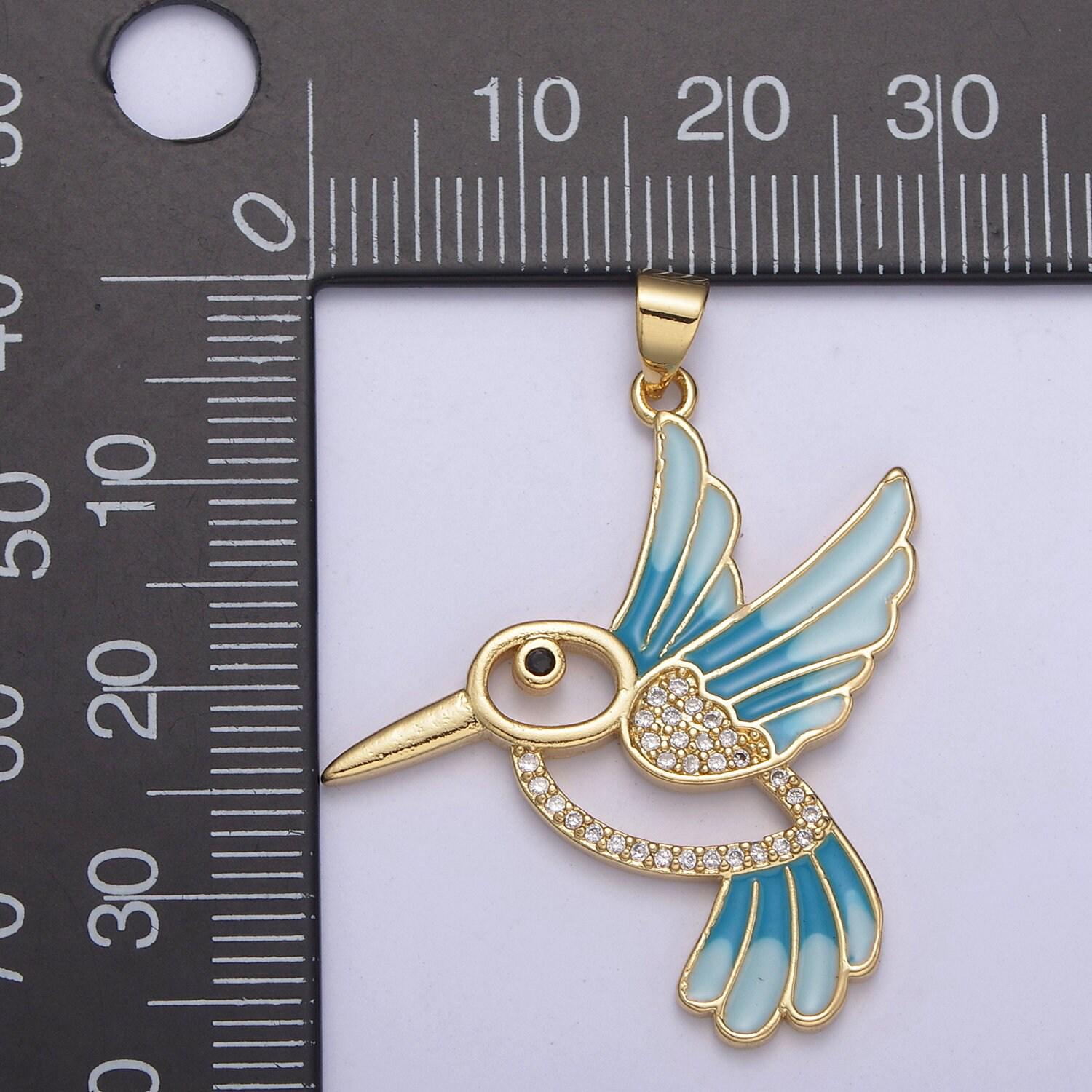 Blue enamel gold hummingbird charm 14k gold filled humming bird pendant 38mmx31mm gold cz animal jewelry