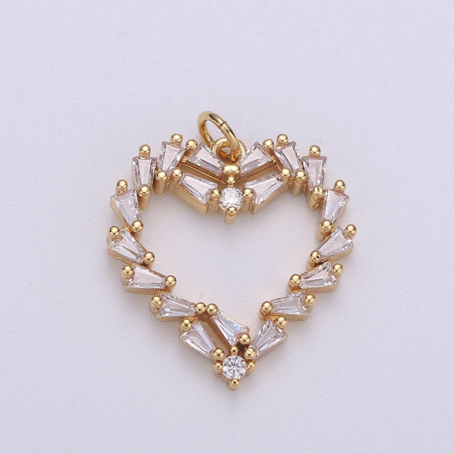 1x 14k gold heart charm baguette cubic love pendant open heart charms for necklace earring bracelet charm