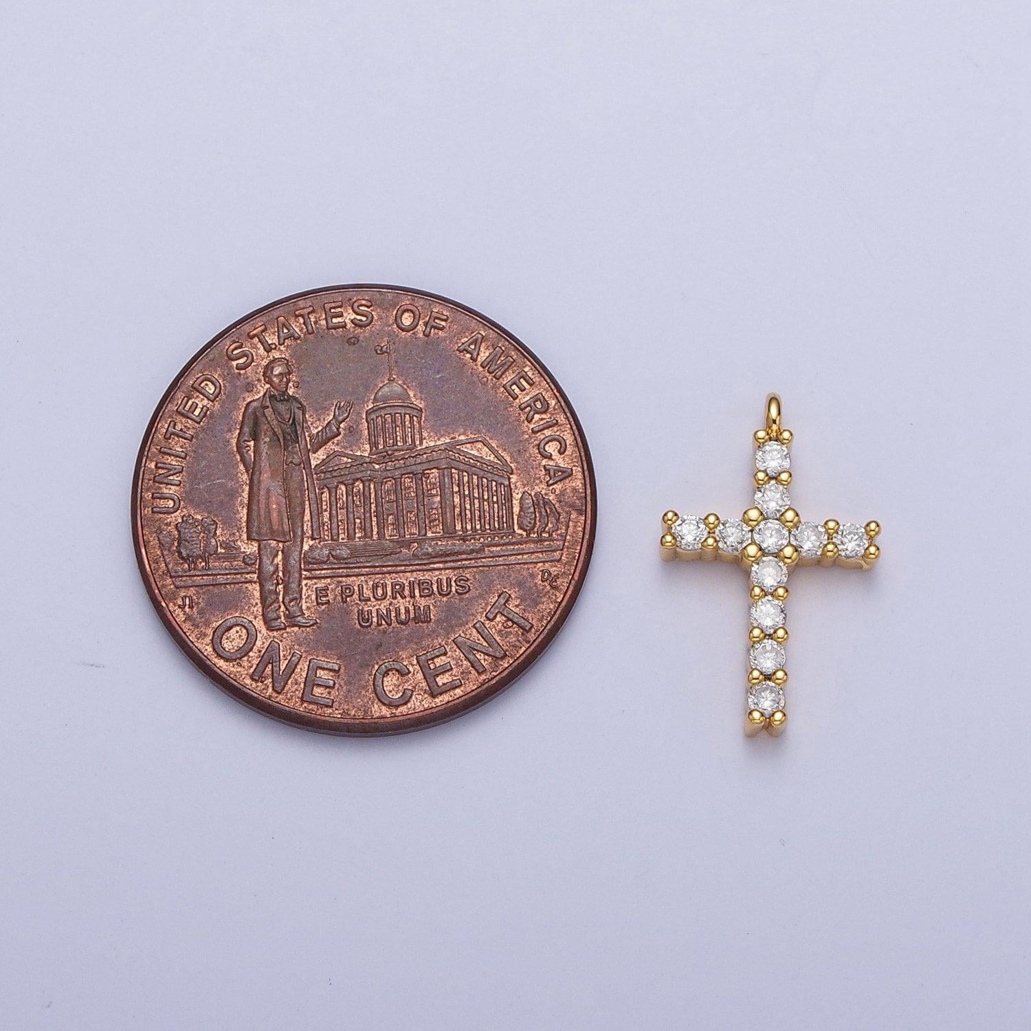 Gold cz cross pendant, 24k gold plated clear micro paved cz mini cross religious charm | c-877 (or d-503)