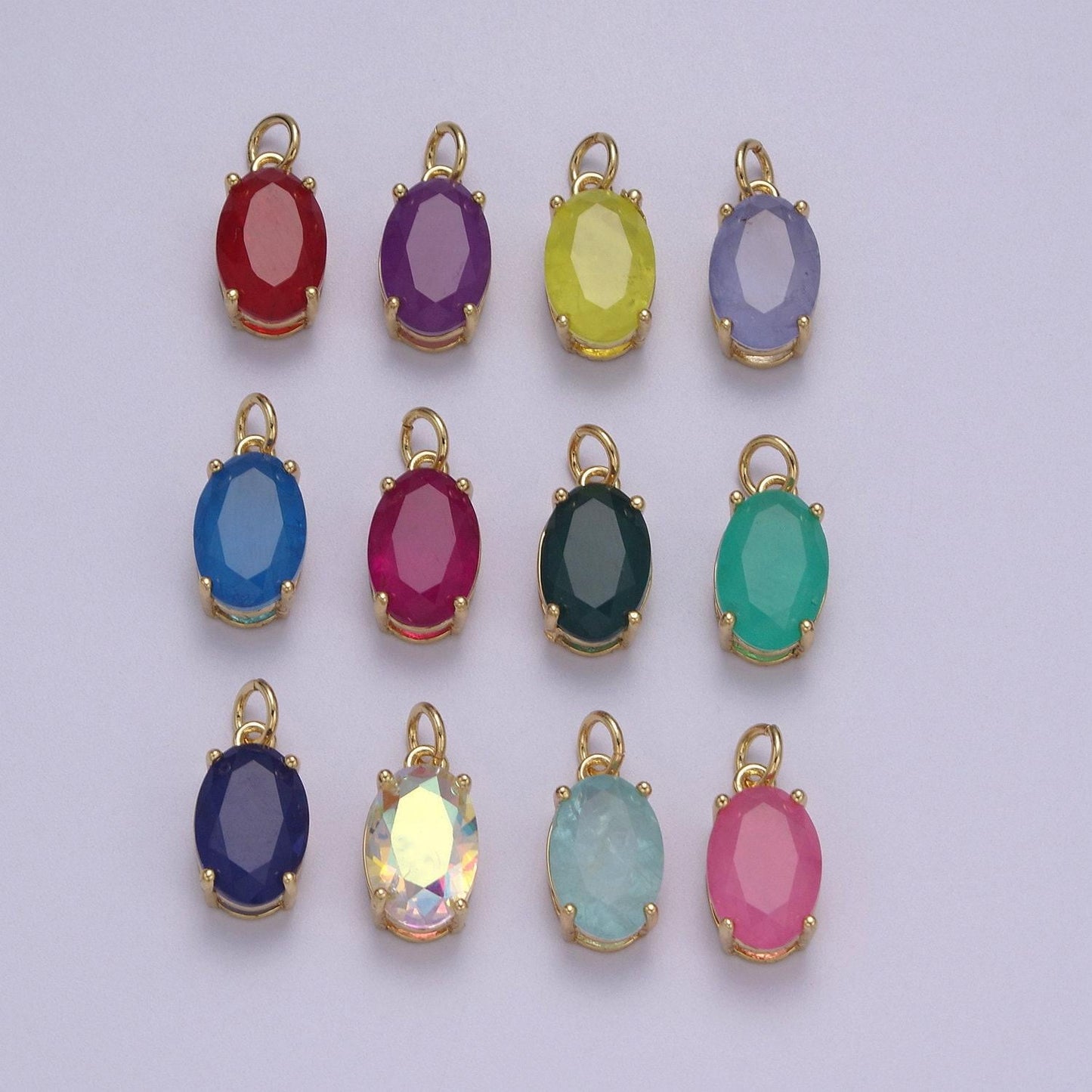 Dainty cubic ab, yellow, blue, teal, green, pink, red 24k gold filled oval cut geometric cz stone pendant birthstone add on charm