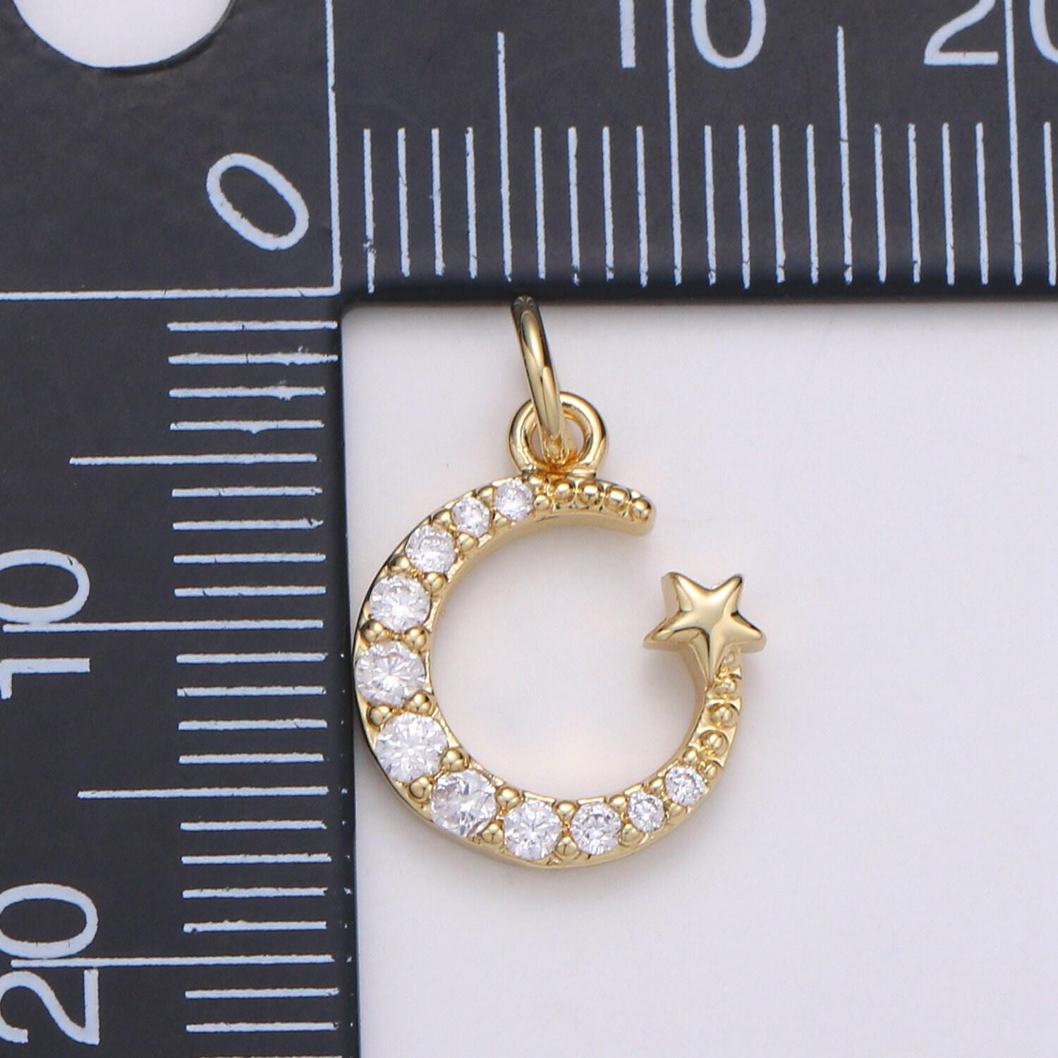 Tiny 14k gold micro pave moon charm, cubic zirconia moon star pendant charm, celestial charm necklace earring bracelet diy jewelry