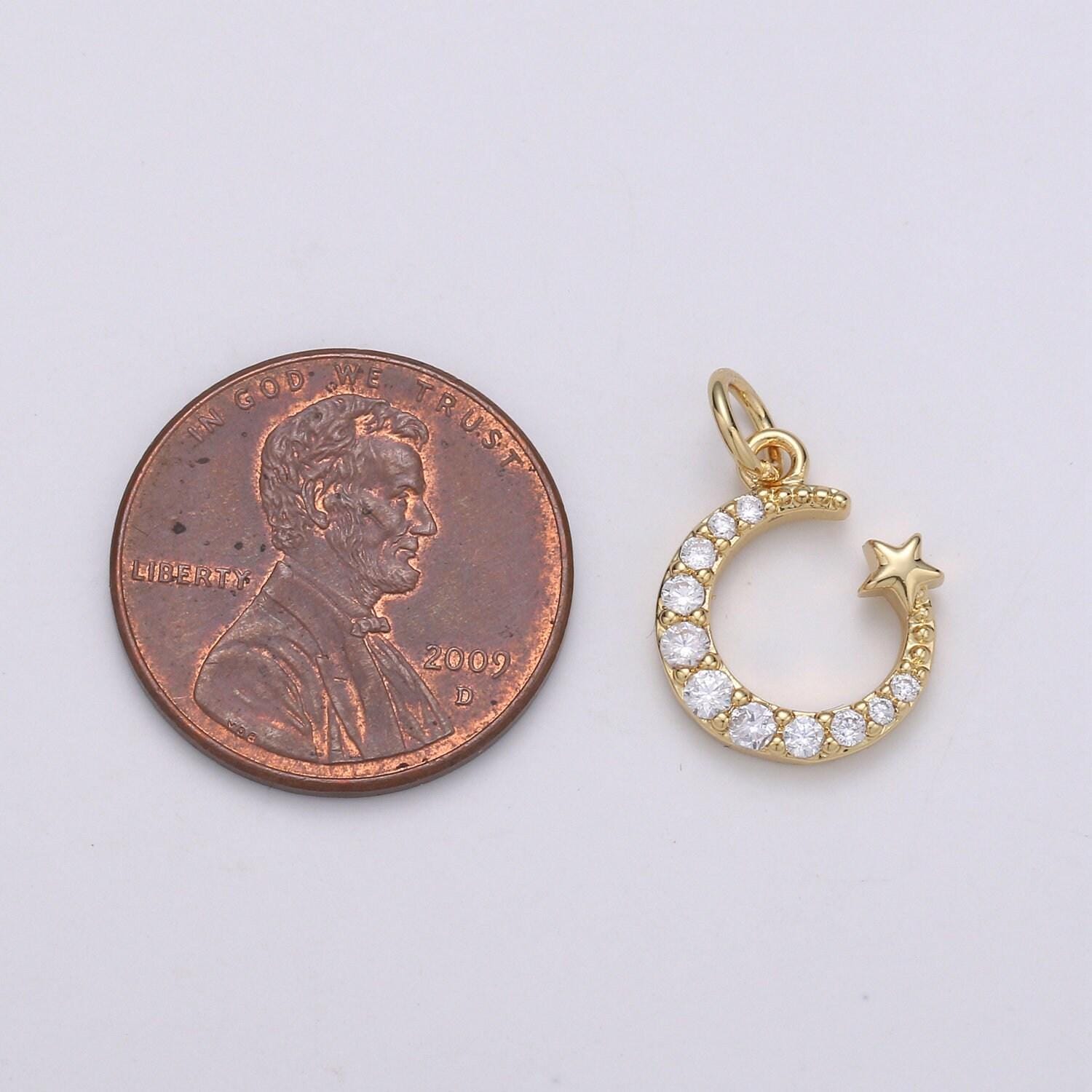 Tiny 14k gold micro pave moon charm, cubic zirconia moon star pendant charm, celestial charm necklace earring bracelet diy jewelry