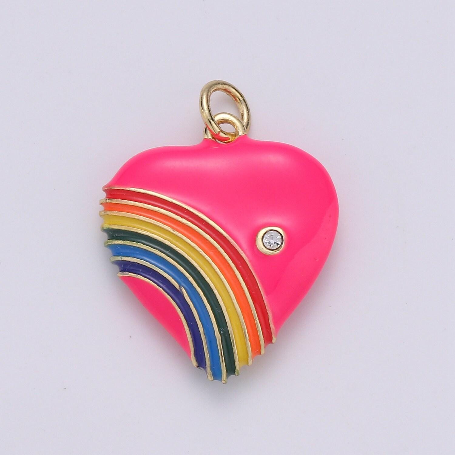 Rainbow heart charms, enamel red pink purple red love cubic zirconia crystal, retro 1980's style charm old school heart pendant y2k jewelry
