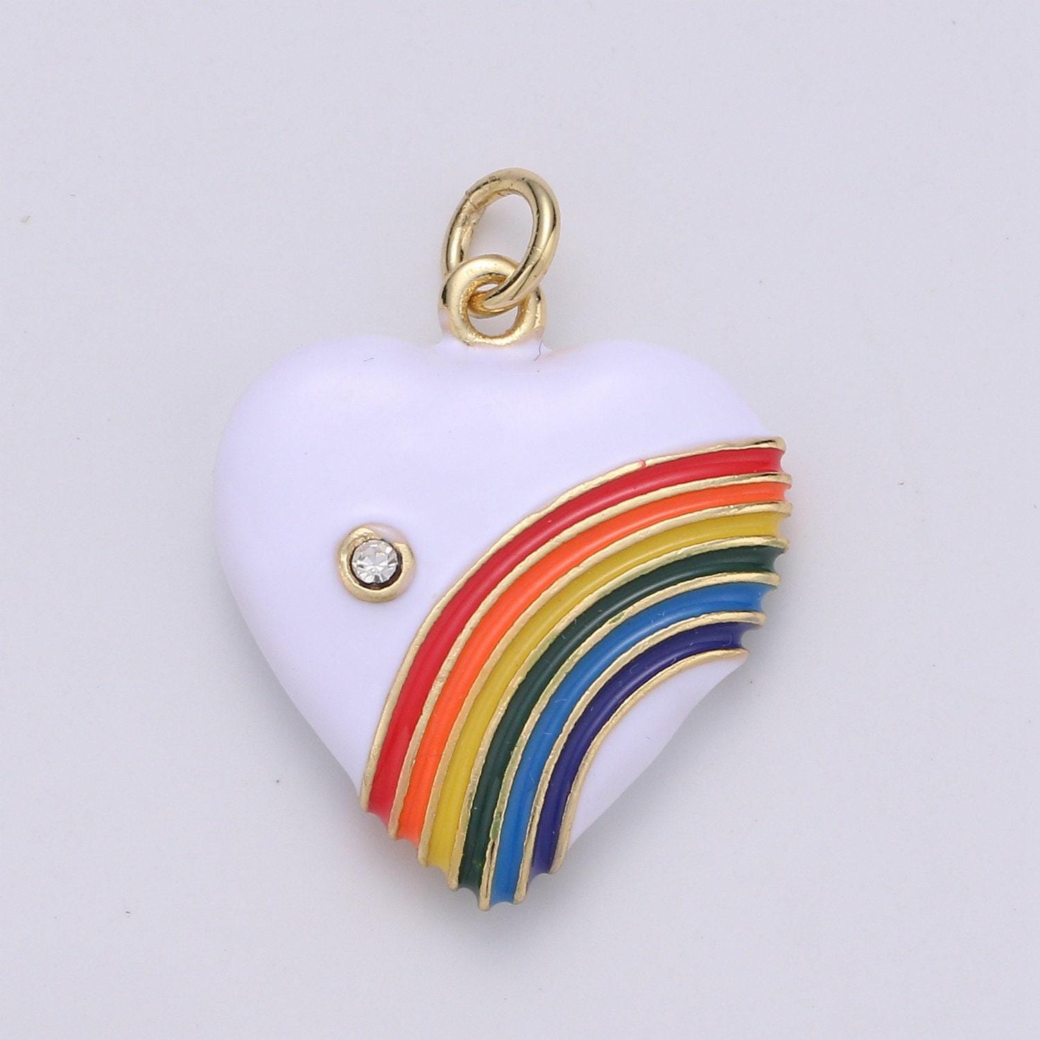 Rainbow heart charms, enamel red pink purple red love cubic zirconia crystal, retro 1980's style charm old school heart pendant y2k jewelry