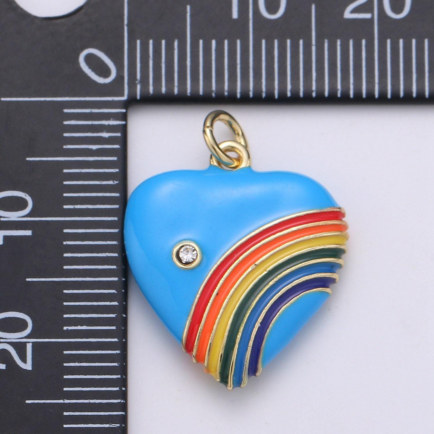 Rainbow heart charms, enamel red pink purple red love cubic zirconia crystal, retro 1980's style charm old school heart pendant y2k jewelry