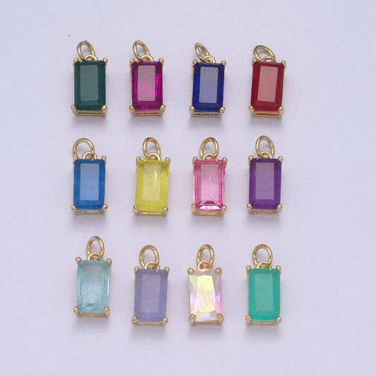 Dainty cubic ab, yellow, blue, teal, green, pink red 24k gold filled solitaire cz pendant rectangle emerald diamond cut cz stone birthstone
