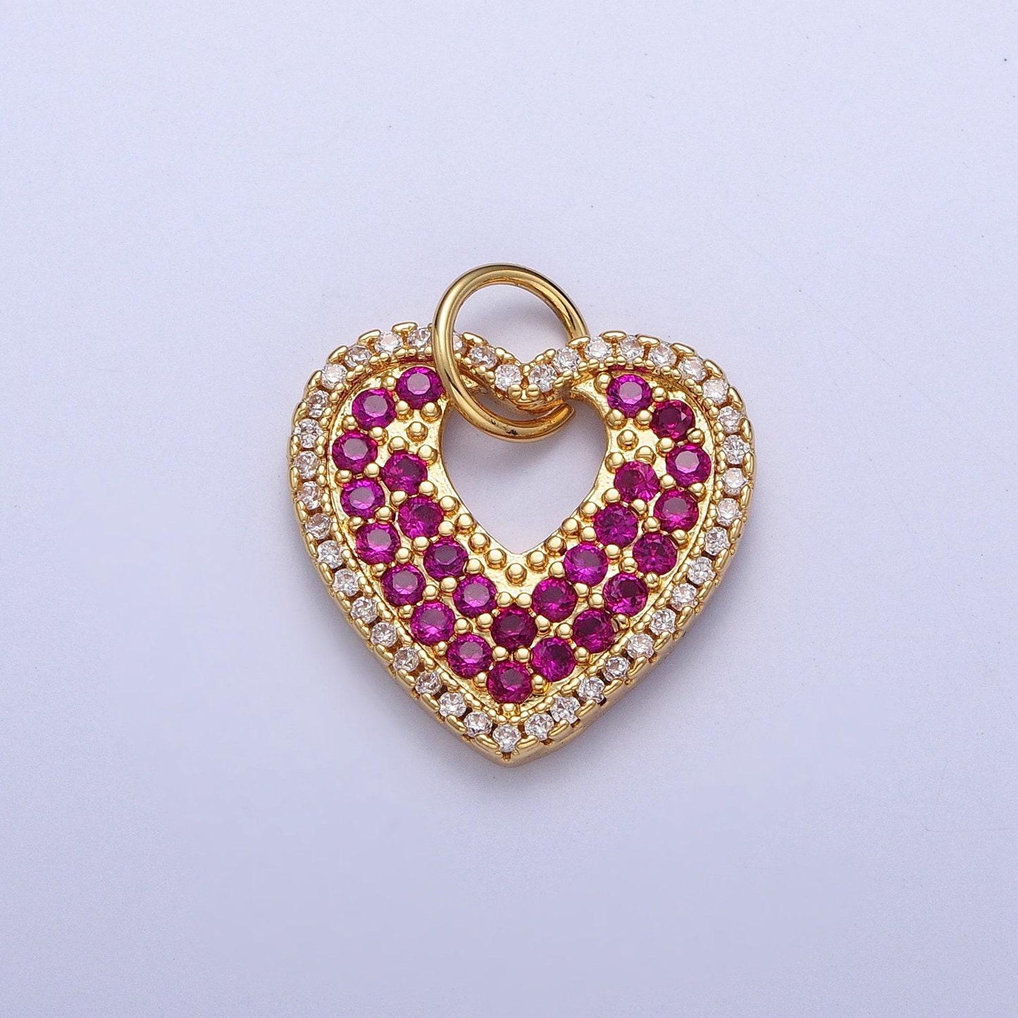 Dainty heart pendant, hollow heart center micro pave magenta clear cubic zirconia cz love charms for bracelet necklace supply | c-769