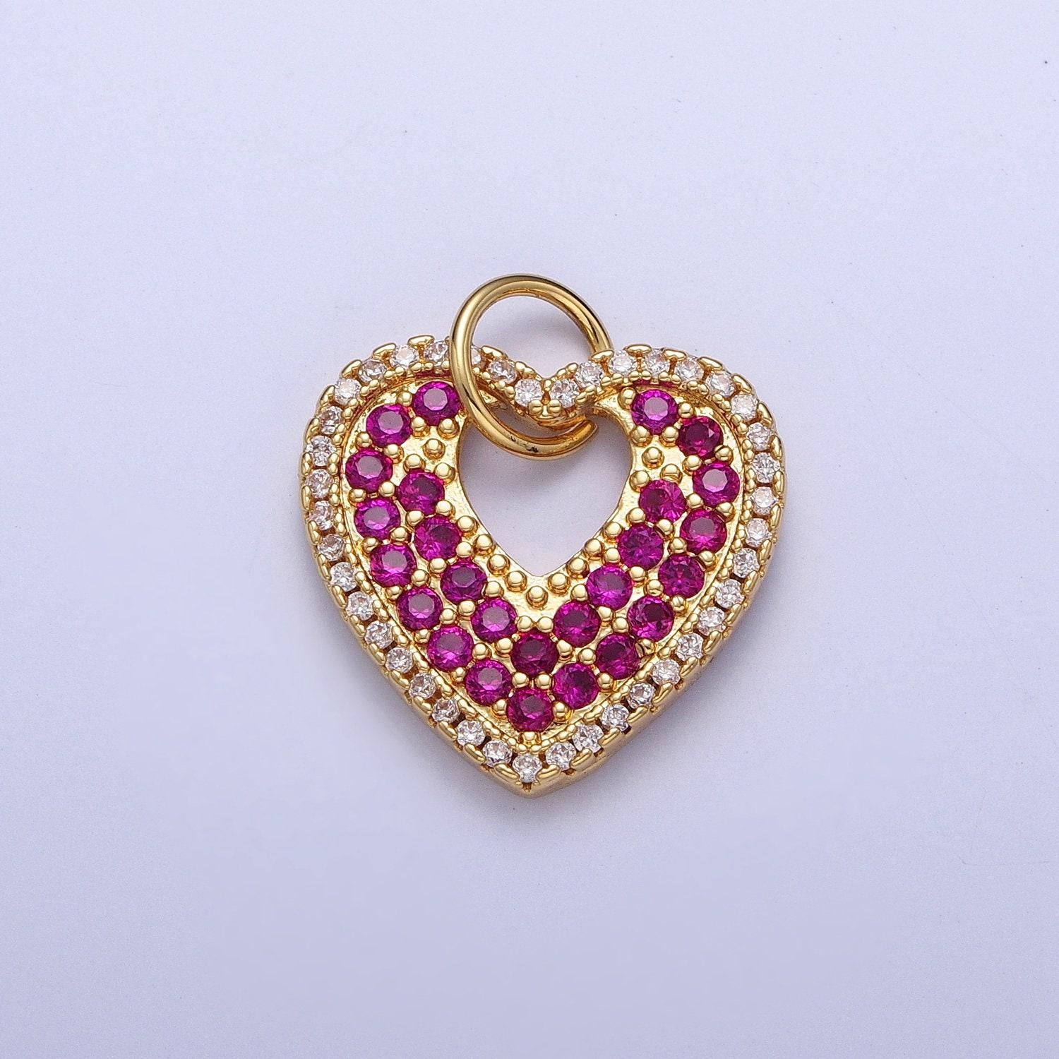 Dainty heart pendant, hollow heart center micro pave magenta clear cubic zirconia cz love charms for bracelet necklace supply | c-769