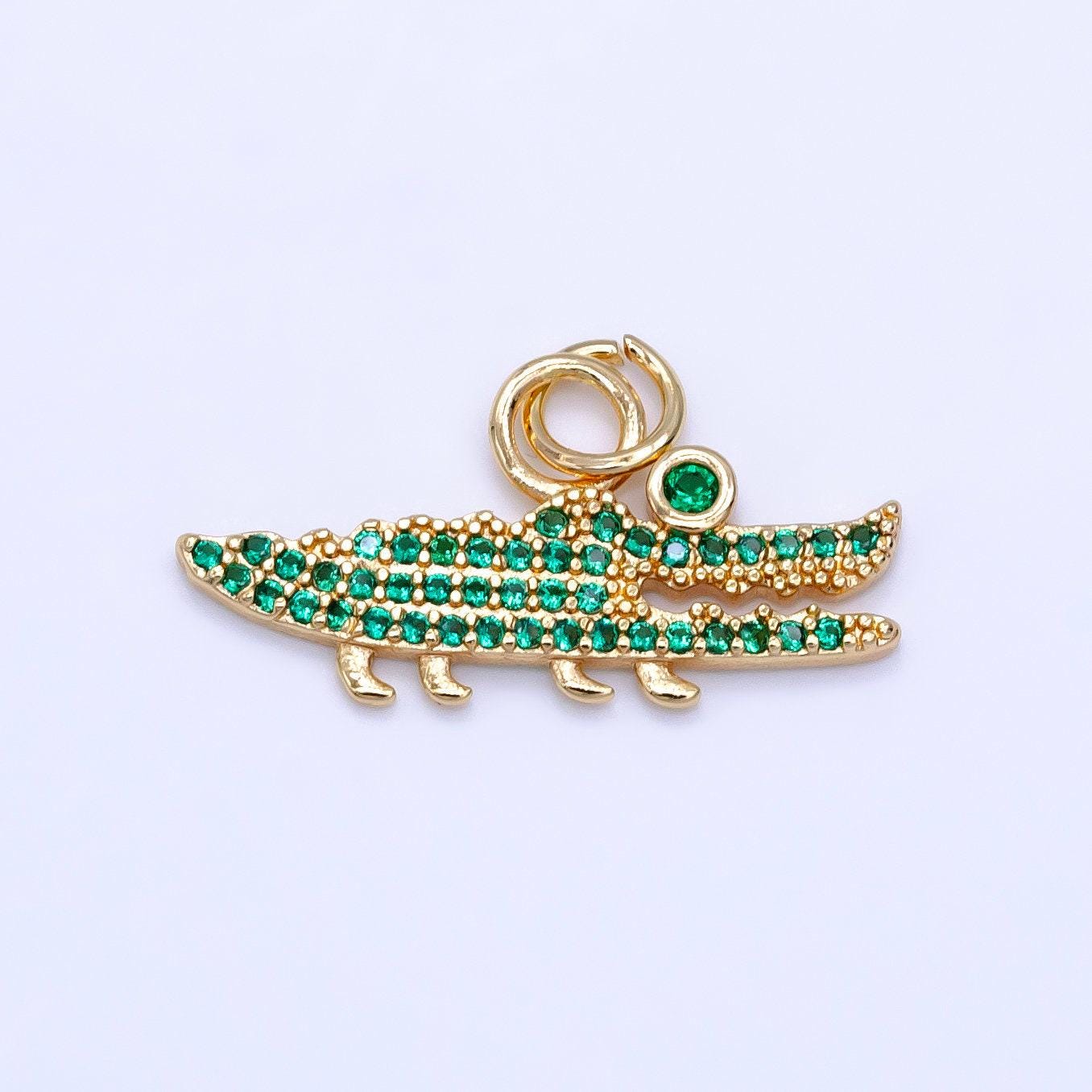 14k gold filled alligator crocodile green gator charm animal micro paved cz charm | c648