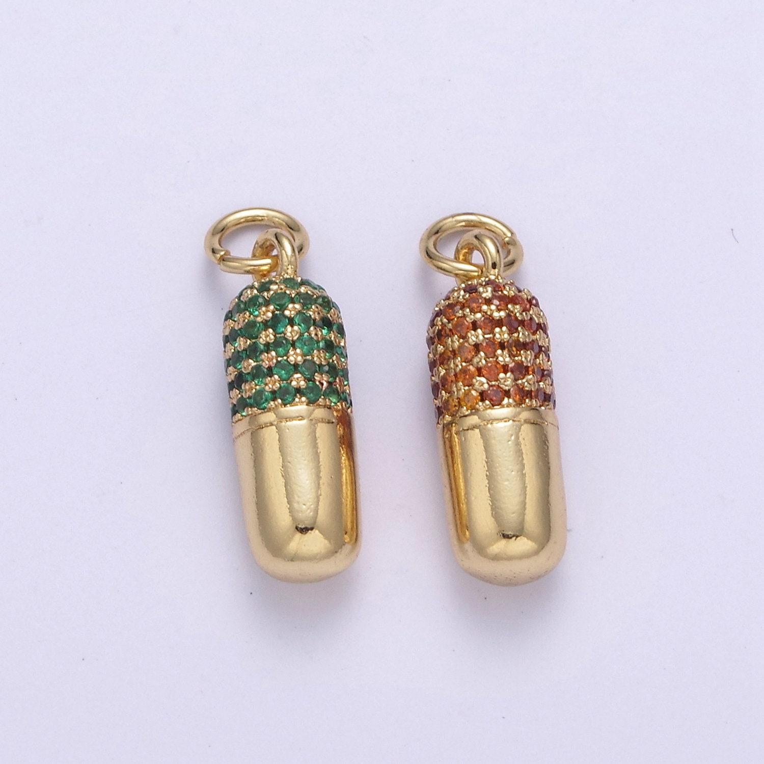 Green pink cz micro pave pill shape pendant 14k gold filled pill charm, necklace bracelet charm 20x6mm c-592 / c-594