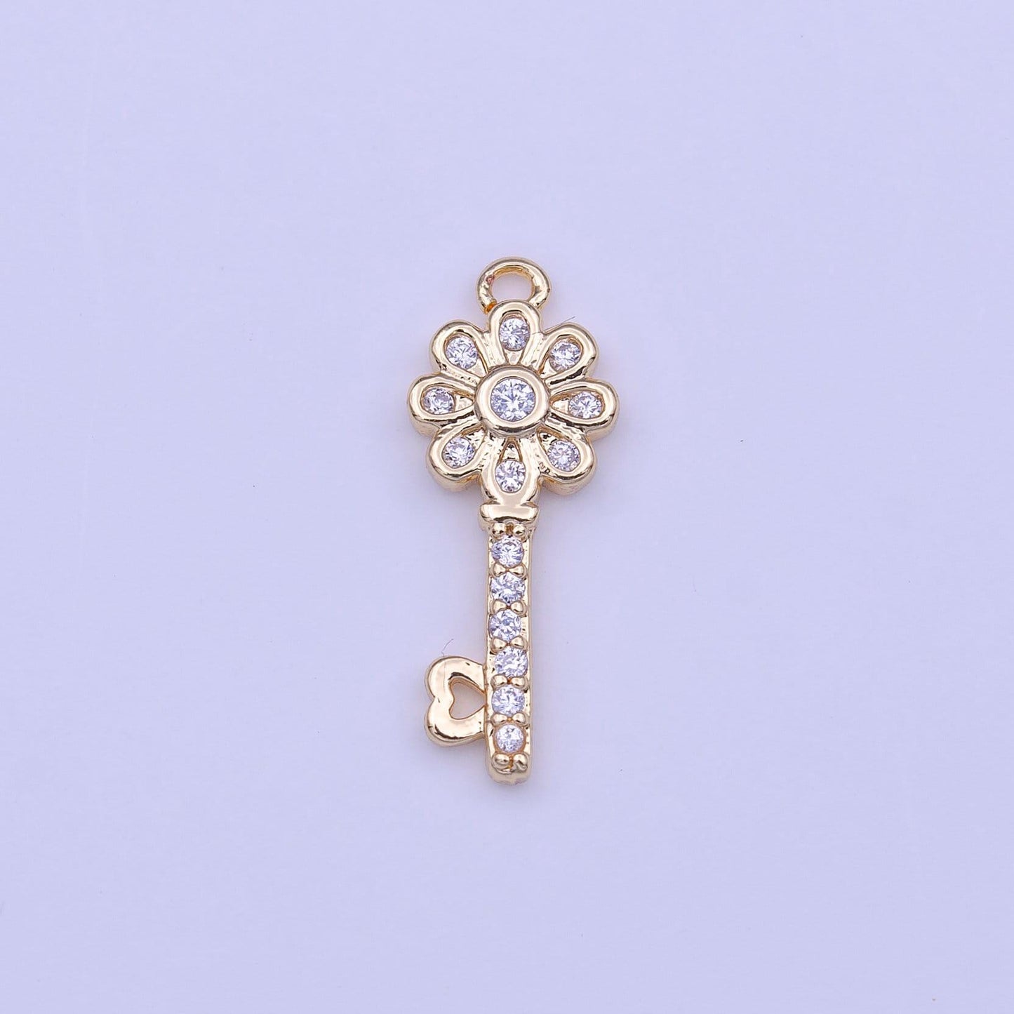 Mini gold key charm clear micro paved cz flower heart key lock gold charm | c580