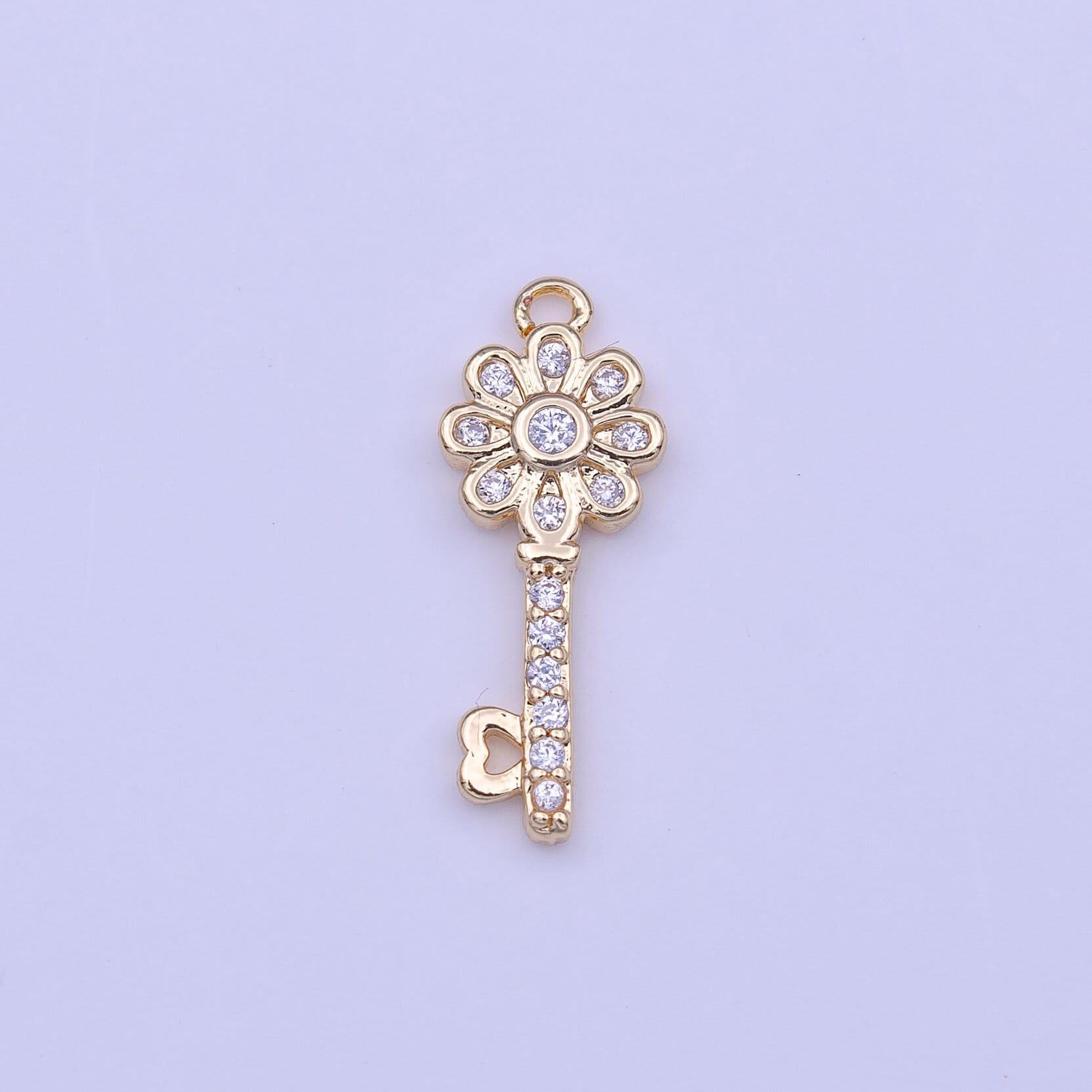 Mini gold key charm clear micro paved cz flower heart key lock gold charm | c580