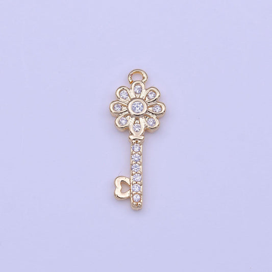 Mini gold key charm clear micro paved cz flower heart key lock gold charm | c580