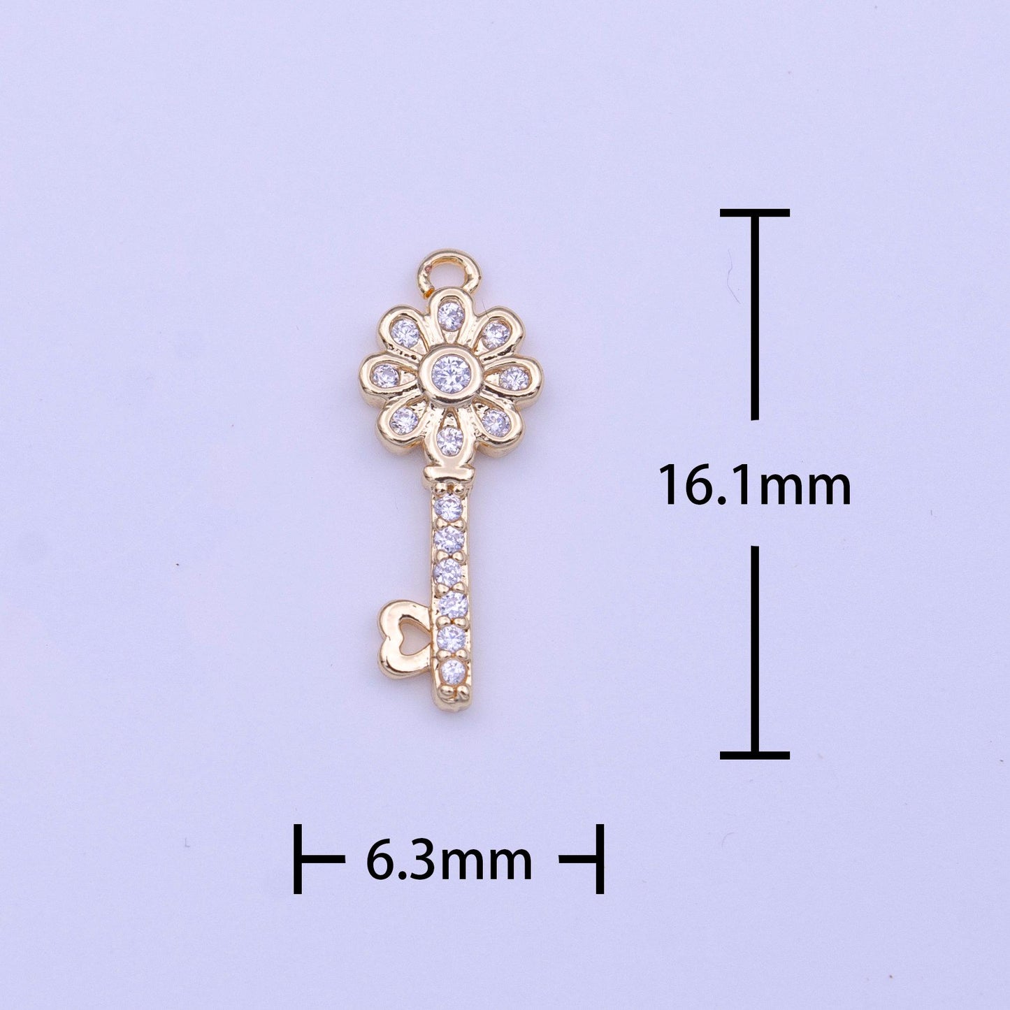 Mini gold key charm clear micro paved cz flower heart key lock gold charm | c580