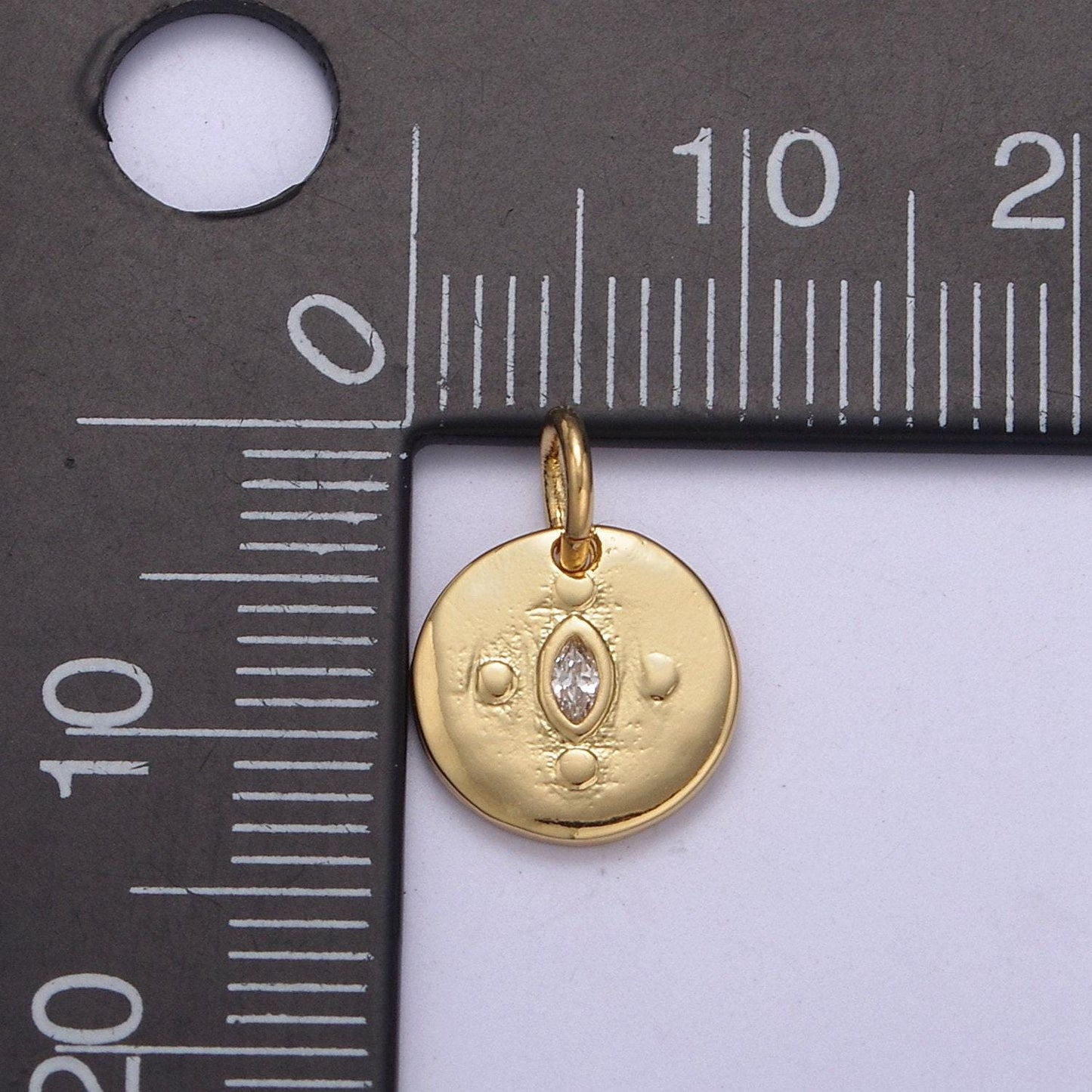 Mini gold round coin charm with clear eye cz stone c-578