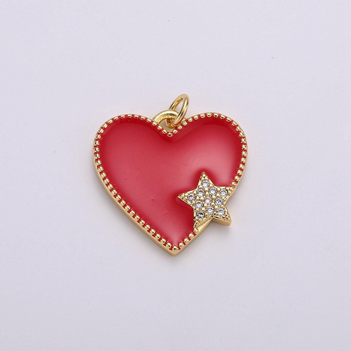 Pink enamel heart charm pendant, red enamel heart pendant, 14k gold star heart jewelry making supply