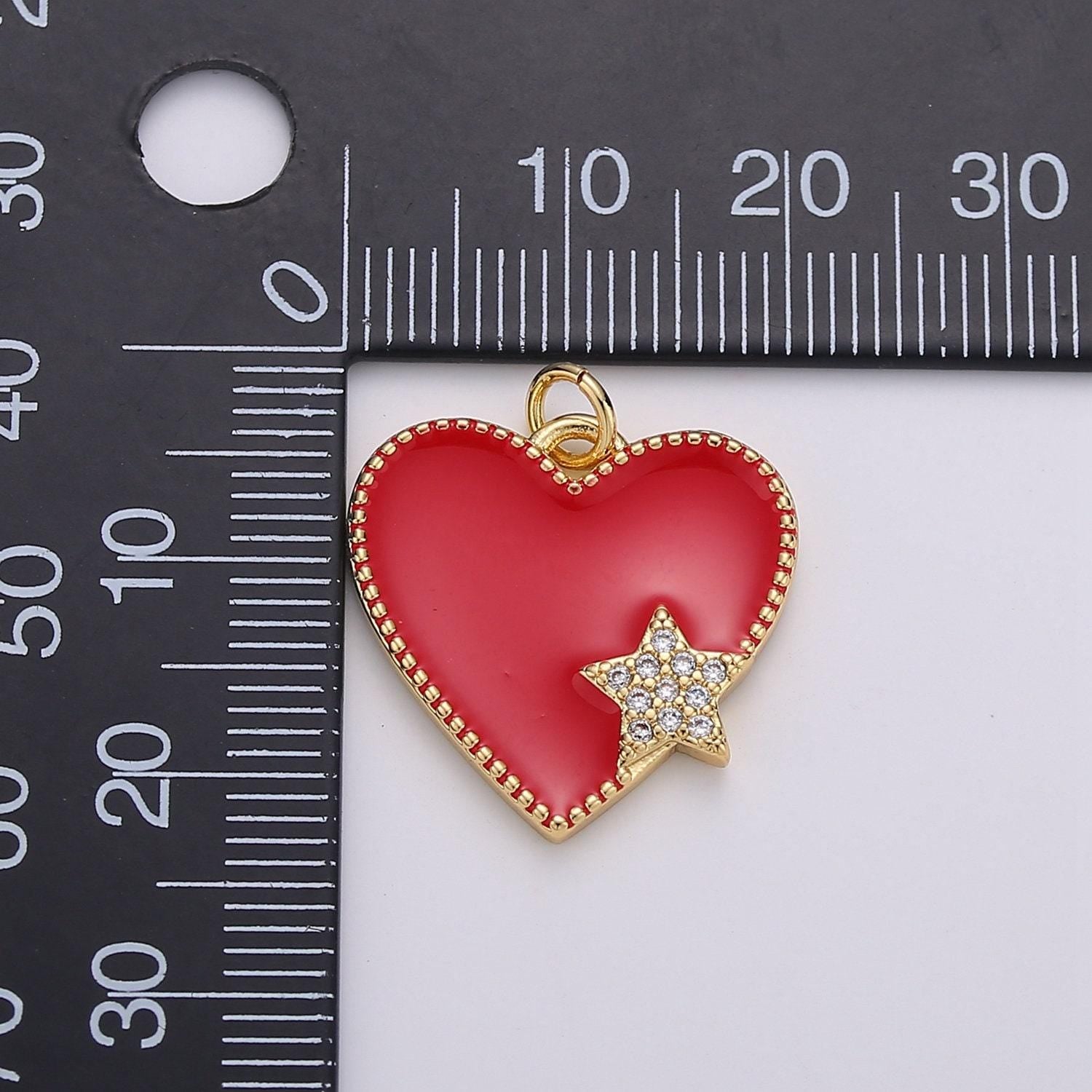 Pink enamel heart charm pendant, red enamel heart pendant, 14k gold star heart jewelry making supply