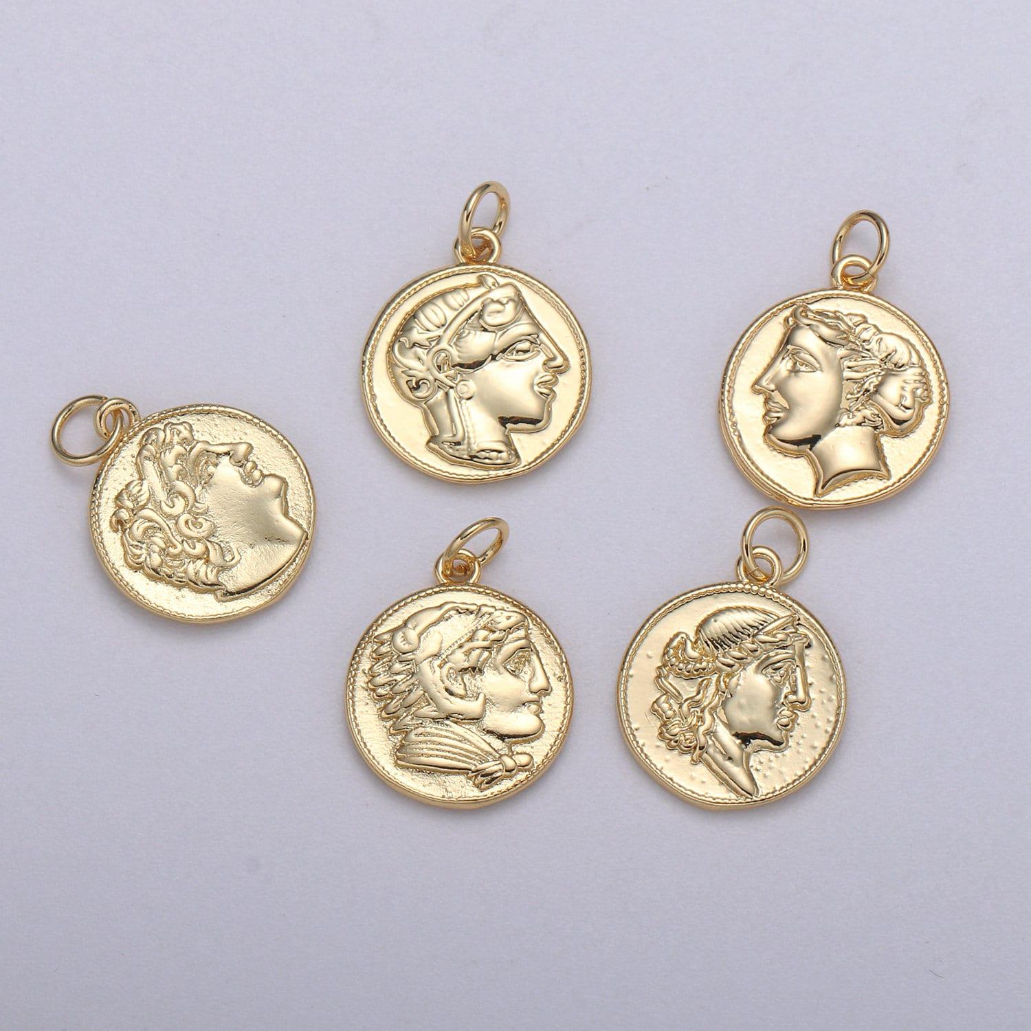 Double sided 24k gold hercules coin pendant ancient coin pendant, greek heracles coin pendant, diy jewelry, warrior pendant c532,543