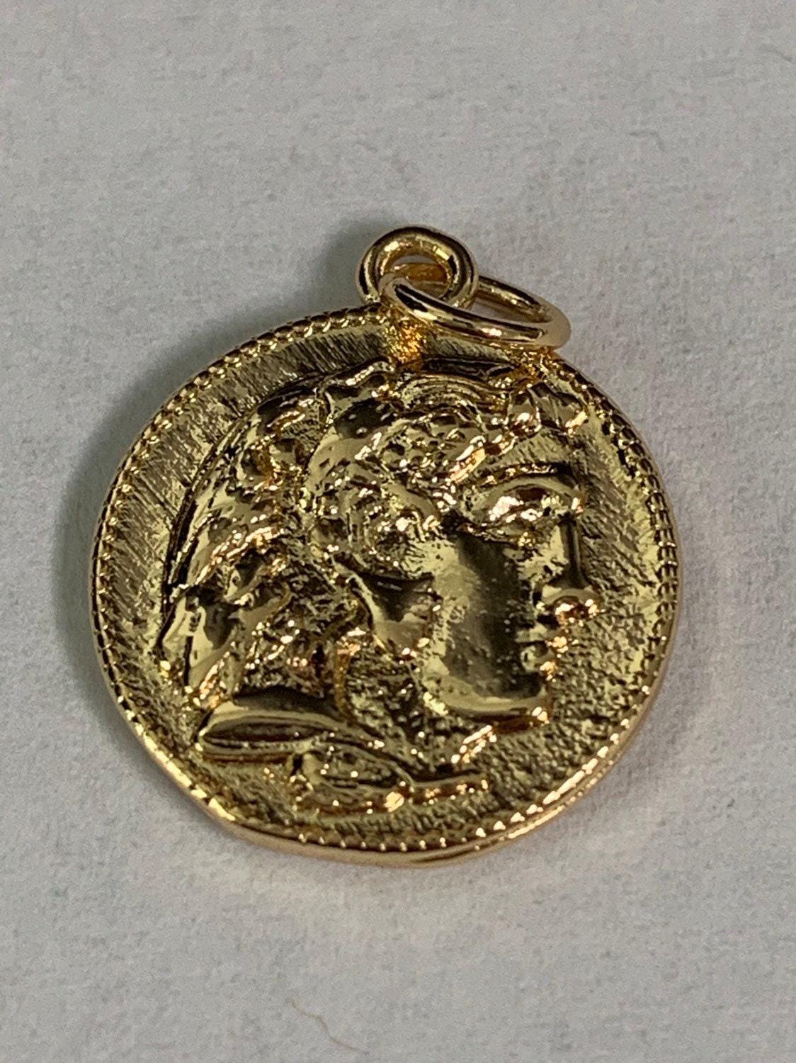 Double sided 24k gold hercules coin pendant ancient coin pendant, greek heracles coin pendant, diy jewelry, warrior pendant c532,543