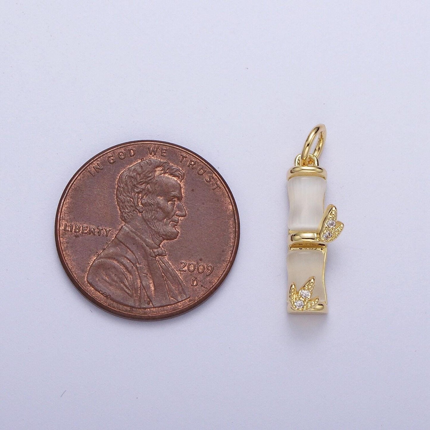 Gold off white cat's eye bamboo pendant, 14k gold plated micro paved cz bamboo leaf natural cat's eye gemstone charm | c-444, c-521