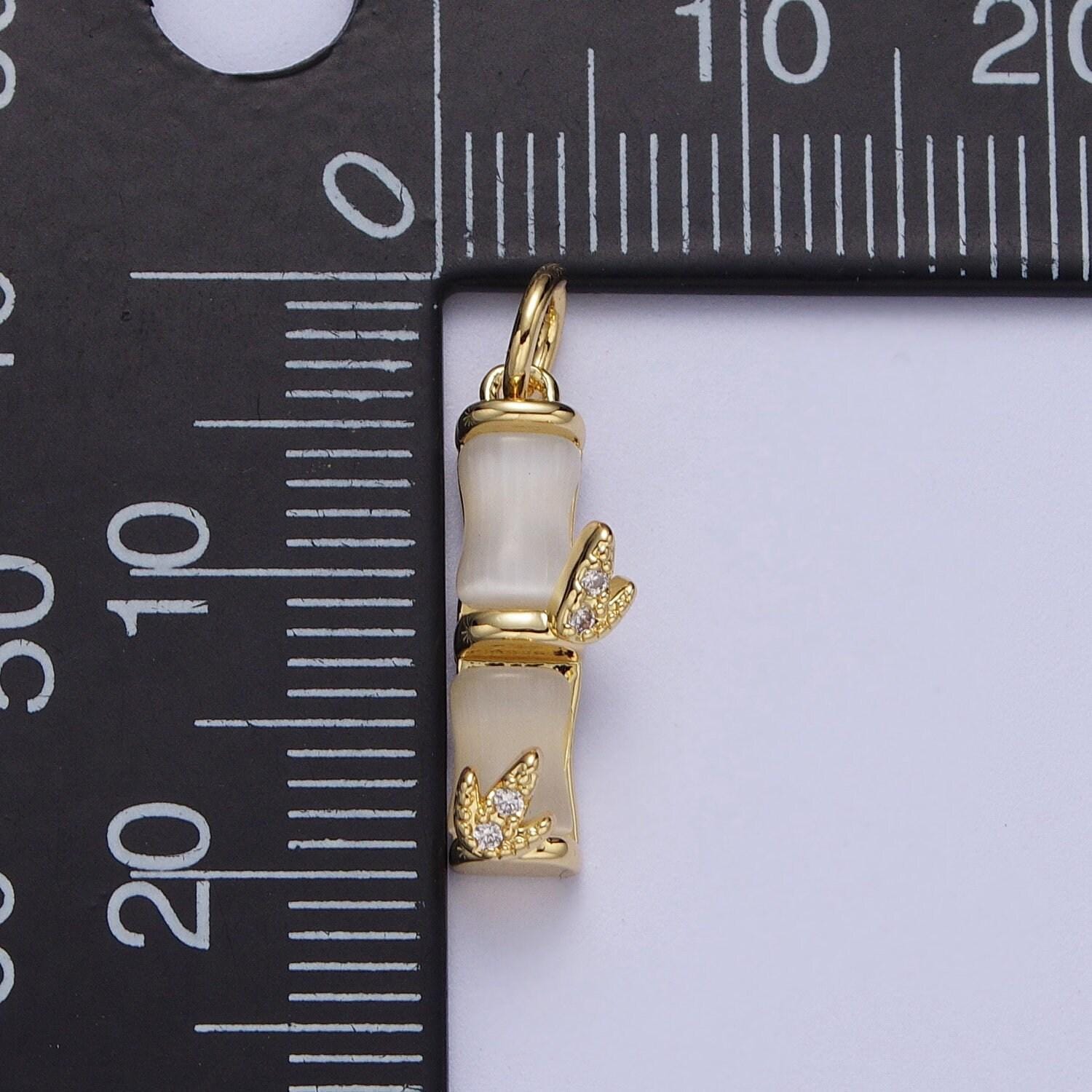 Gold off white cat's eye bamboo pendant, 14k gold plated micro paved cz bamboo leaf natural cat's eye gemstone charm | c-444, c-521