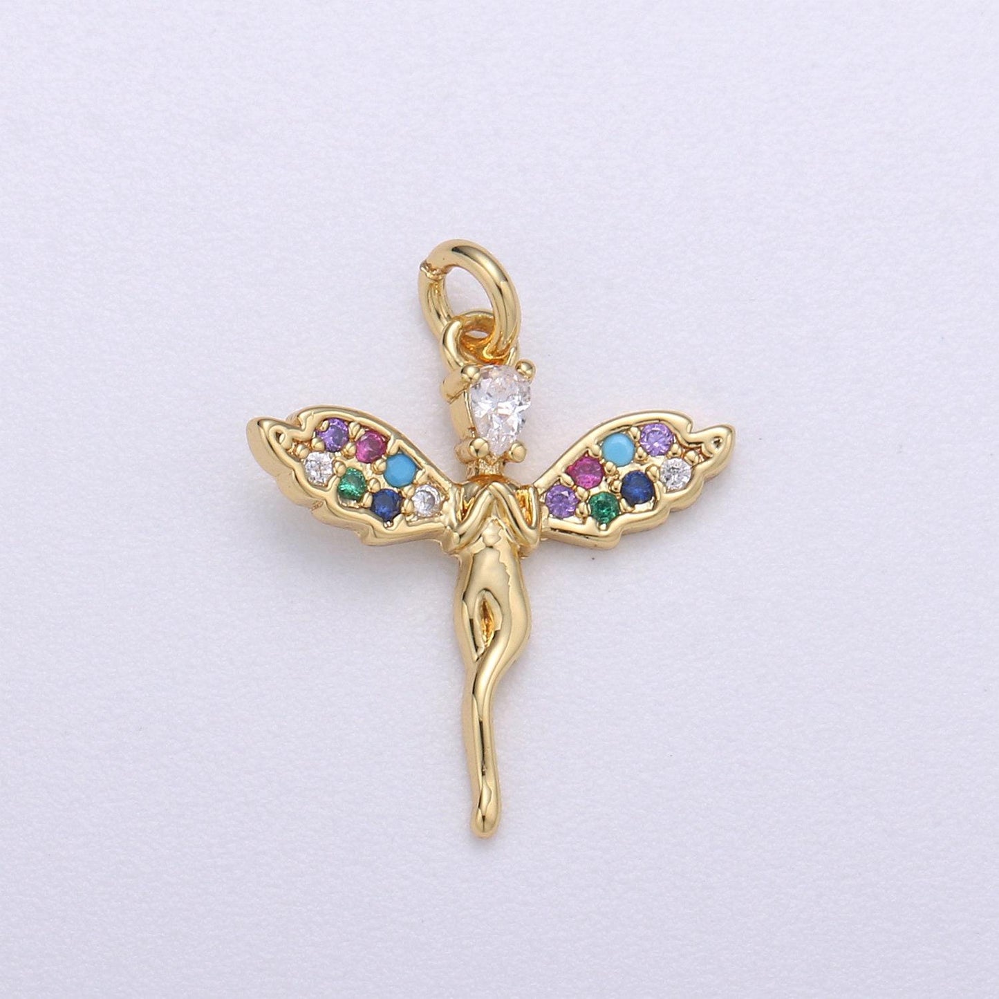 14k gold angel charm micro pave angel charm, rainbow cubic charms, cz gold colorful charm, dainty minimalist jewelry supply, chgf-518