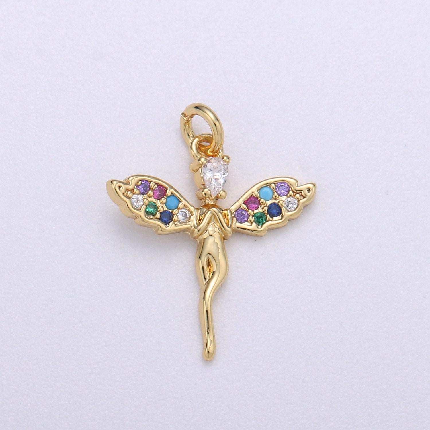 14k gold angel charm micro pave angel charm, rainbow cubic charms, cz gold colorful charm, dainty minimalist jewelry supply, chgf-518