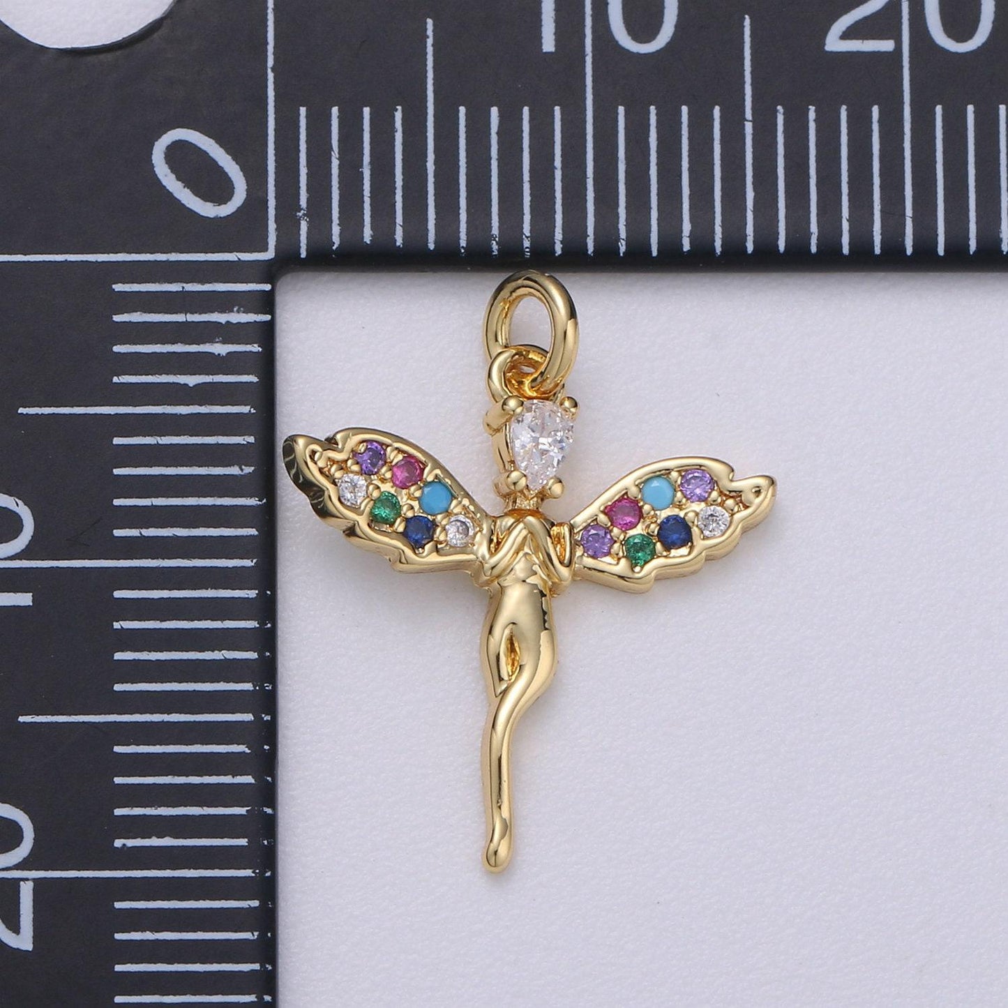 14k gold angel charm micro pave angel charm, rainbow cubic charms, cz gold colorful charm, dainty minimalist jewelry supply, chgf-518