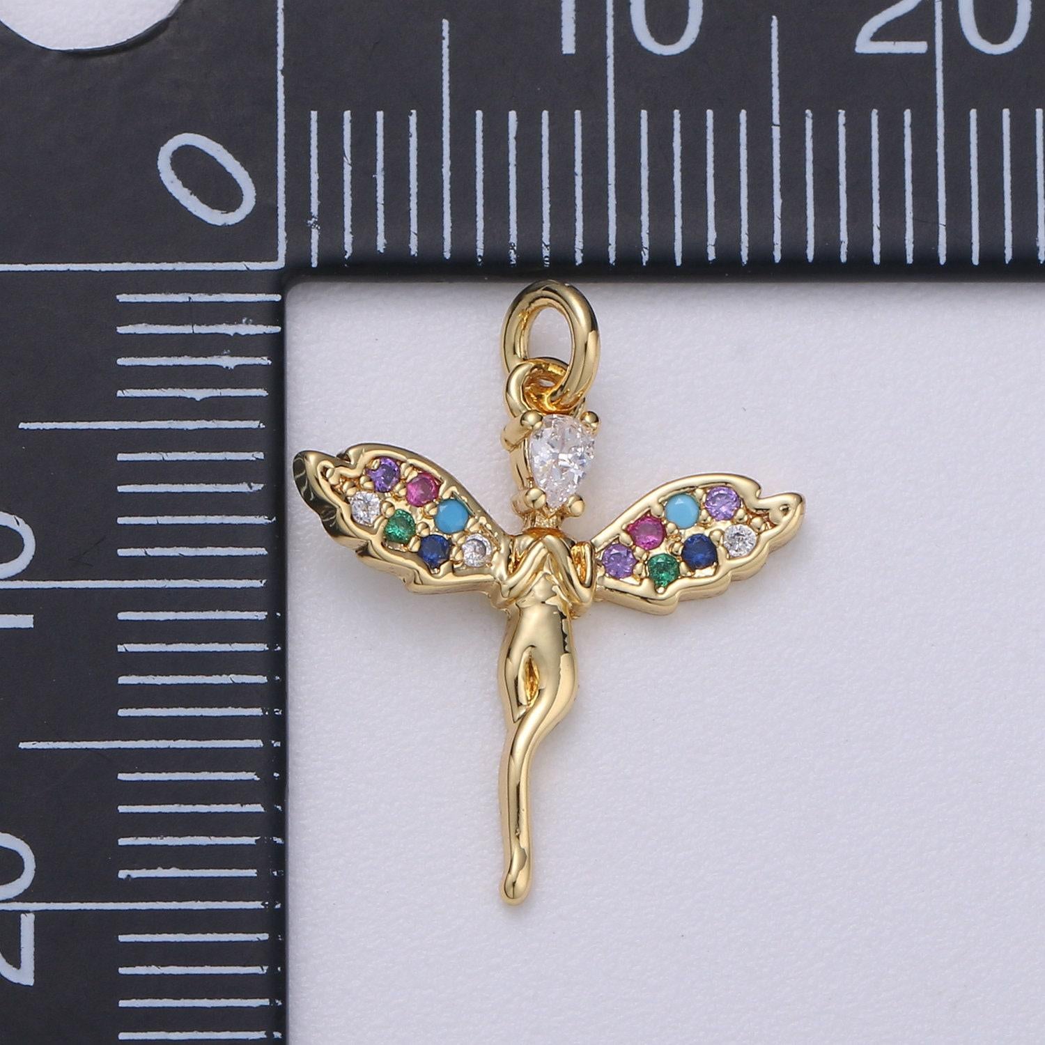 14k gold angel charm micro pave angel charm, rainbow cubic charms, cz gold colorful charm, dainty minimalist jewelry supply, chgf-518