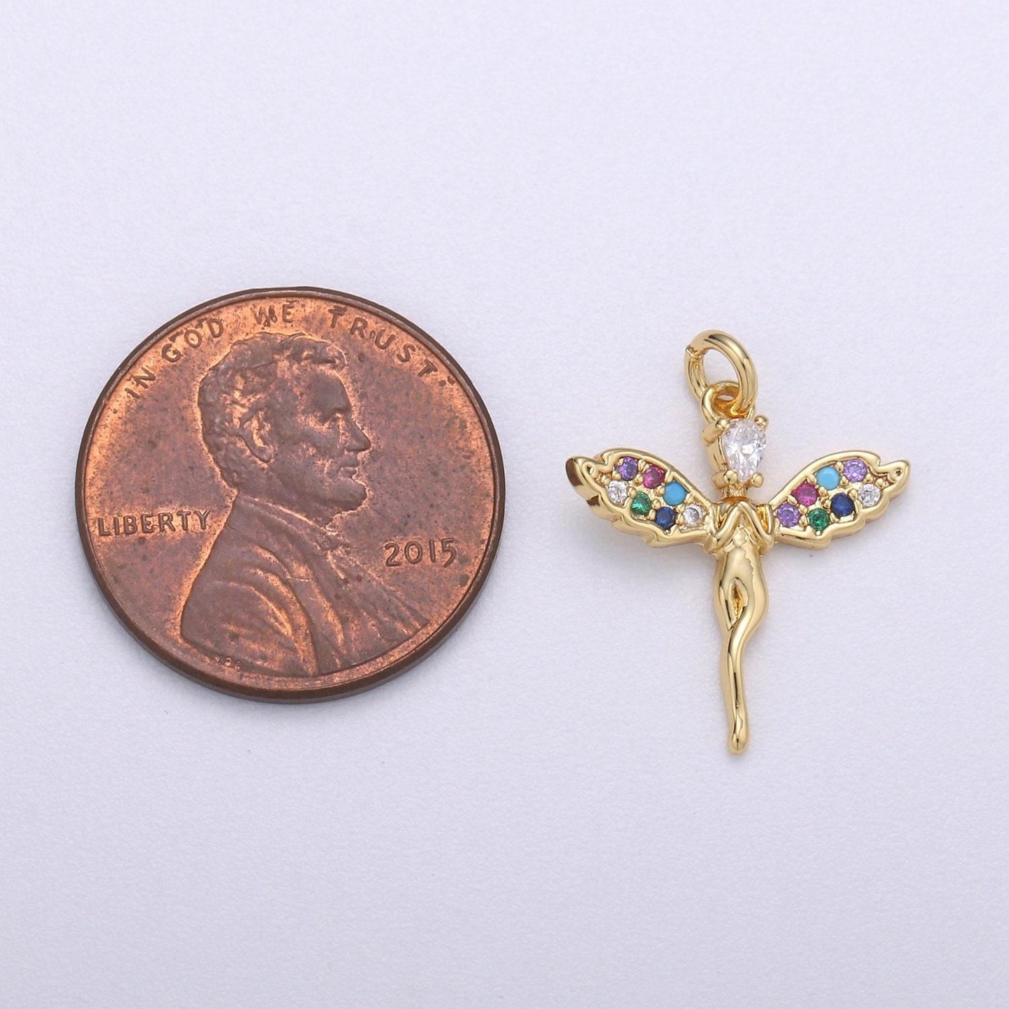 14k gold angel charm micro pave angel charm, rainbow cubic charms, cz gold colorful charm, dainty minimalist jewelry supply, chgf-518