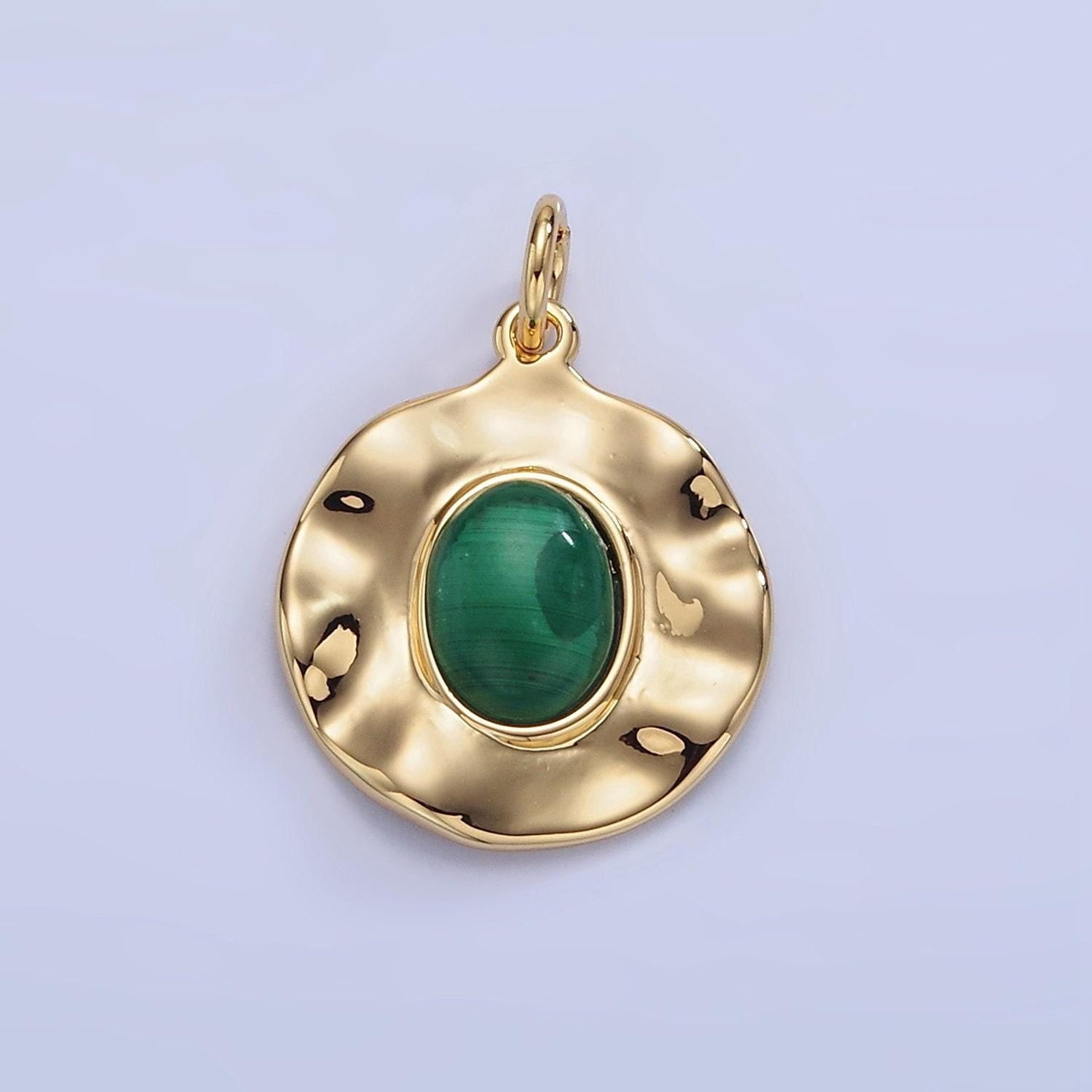 16k gold filled green malachite stone charm rustic abstract medallion pendant | c-357
