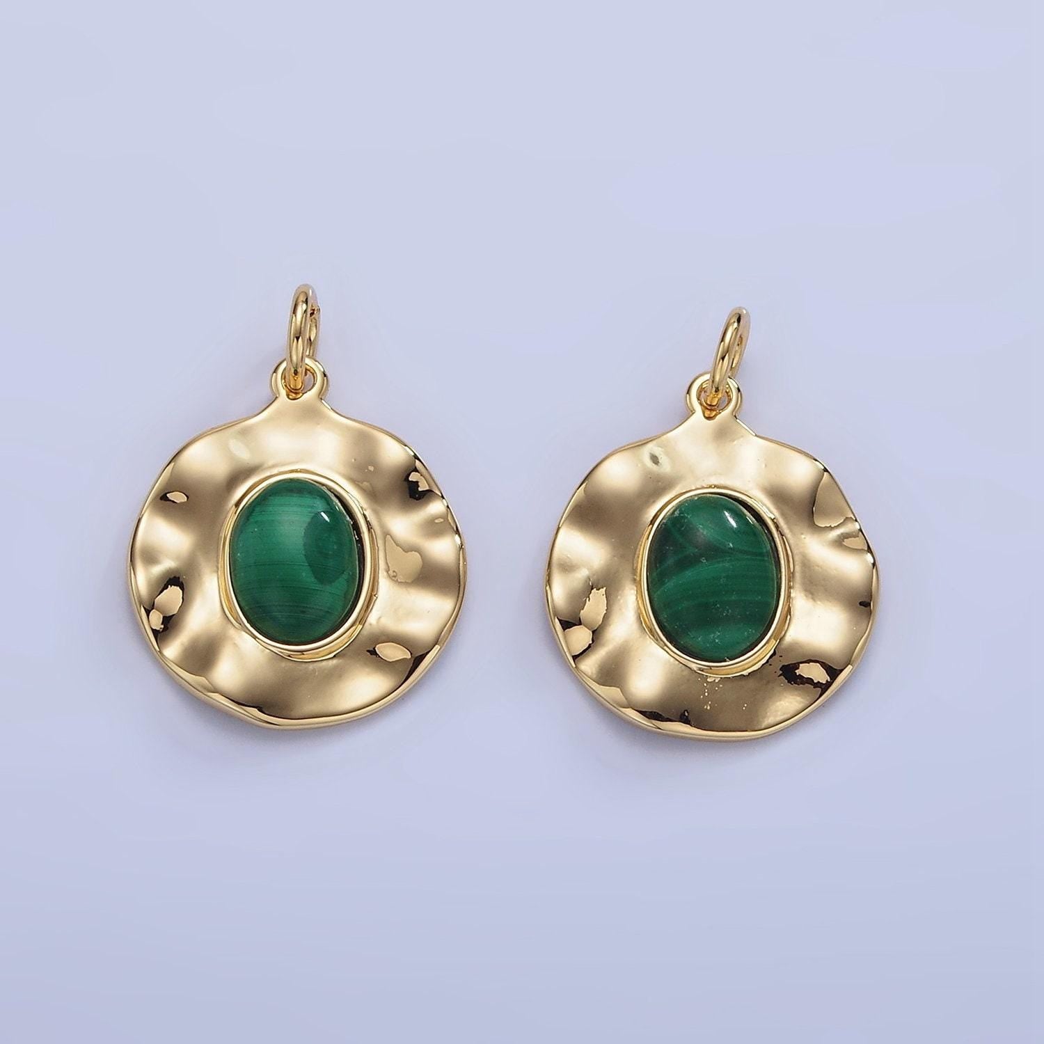 16k gold filled green malachite stone charm rustic abstract medallion pendant | c-357