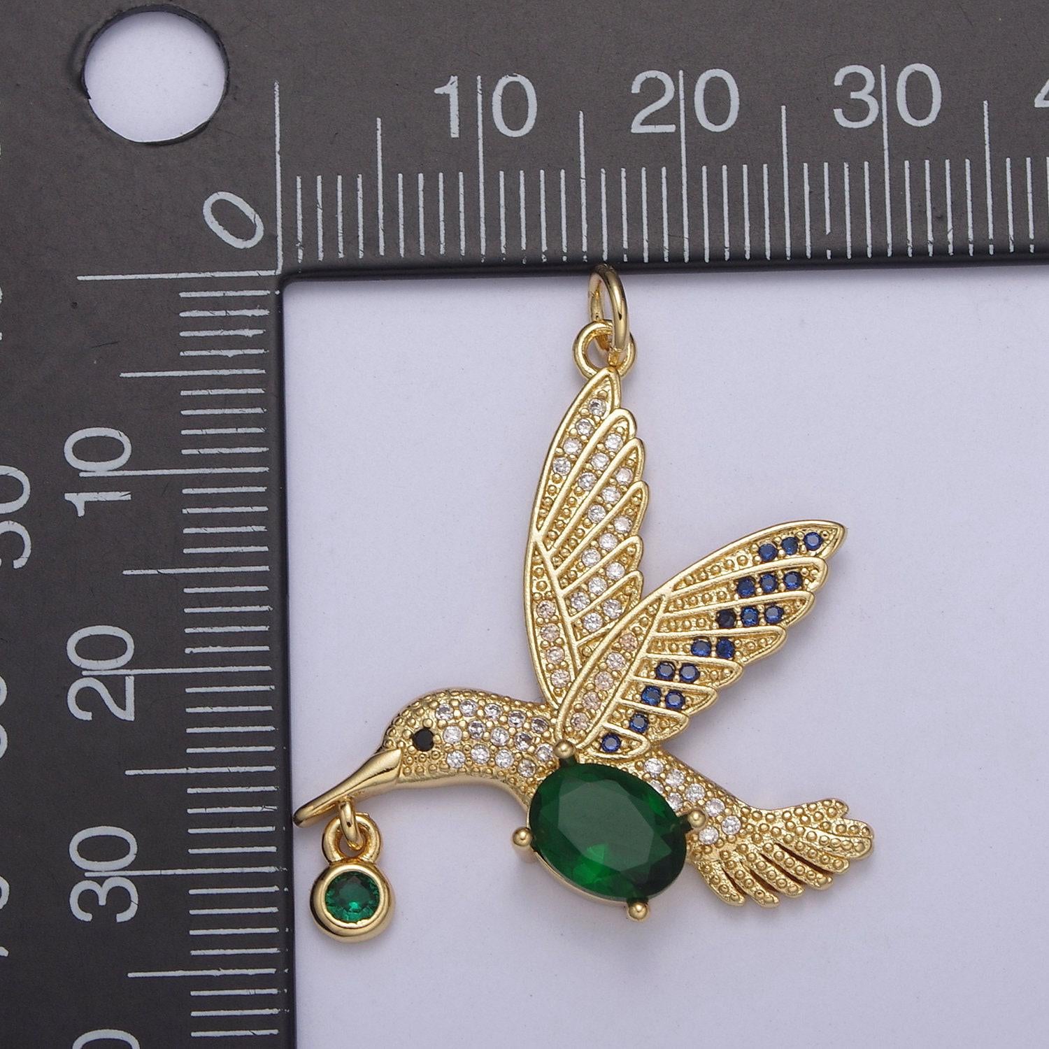 Gold hummingbird charm 24k gold filled humming bird pendant 36mmx28.1mm gold green cz animal jewelry