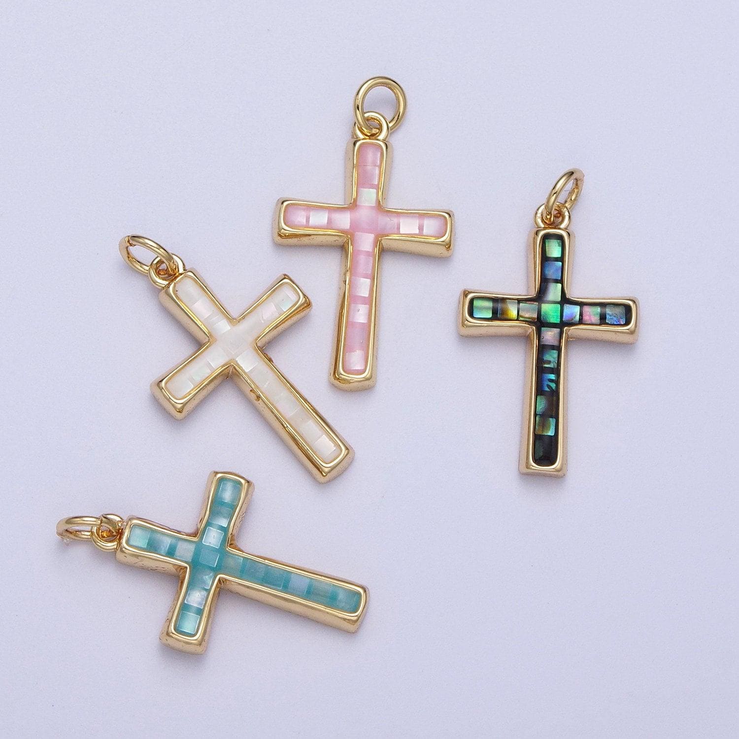 Dainty pink, abalone, blue opal religious cross pendant for christian catholic baptism, religious jewelry making supply in 14k gold filled