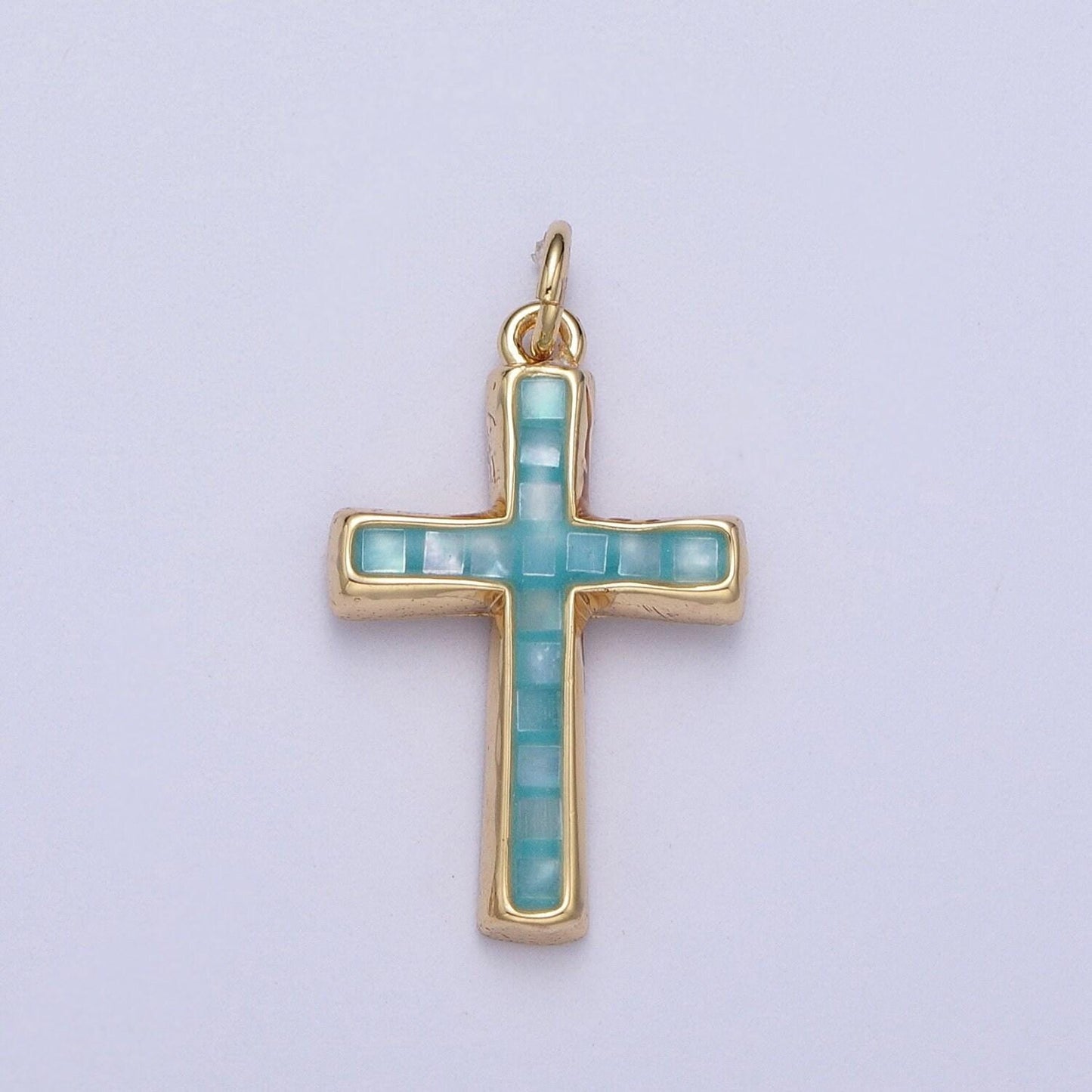 Dainty pink, abalone, blue opal religious cross pendant for christian catholic baptism, religious jewelry making supply in 14k gold filled