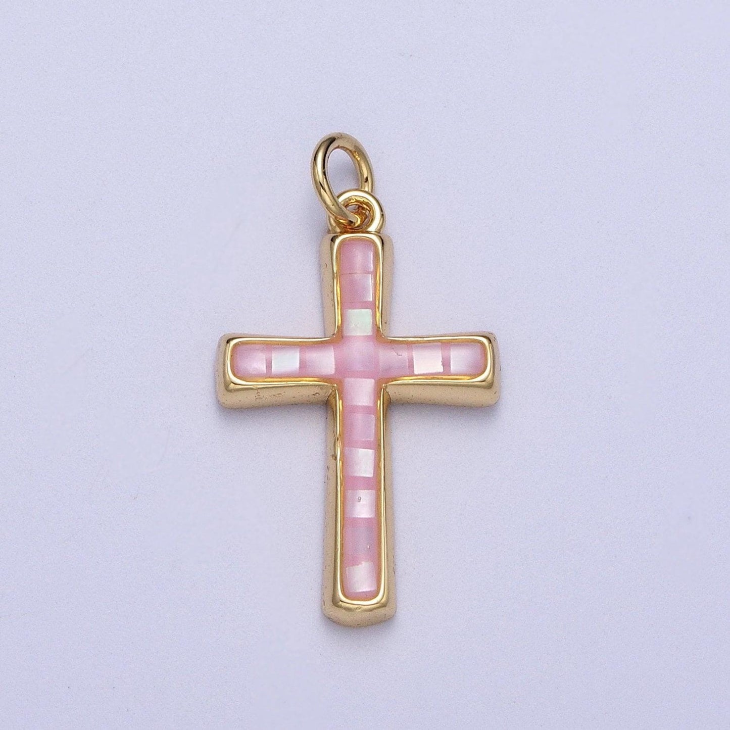 Dainty pink, abalone, blue opal religious cross pendant for christian catholic baptism, religious jewelry making supply in 14k gold filled