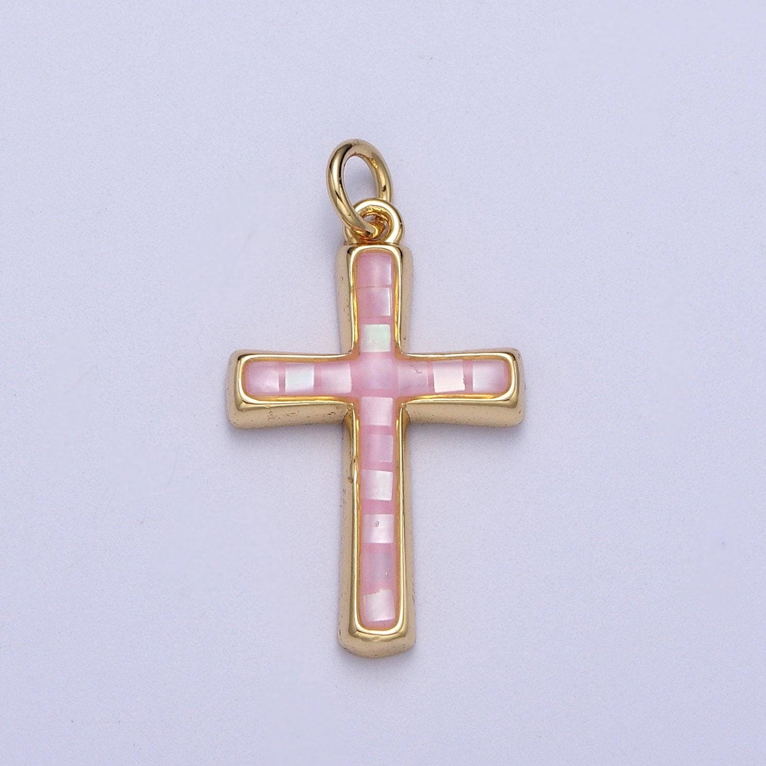 Dainty pink, abalone, blue opal religious cross pendant for christian catholic baptism, religious jewelry making supply in 14k gold filled