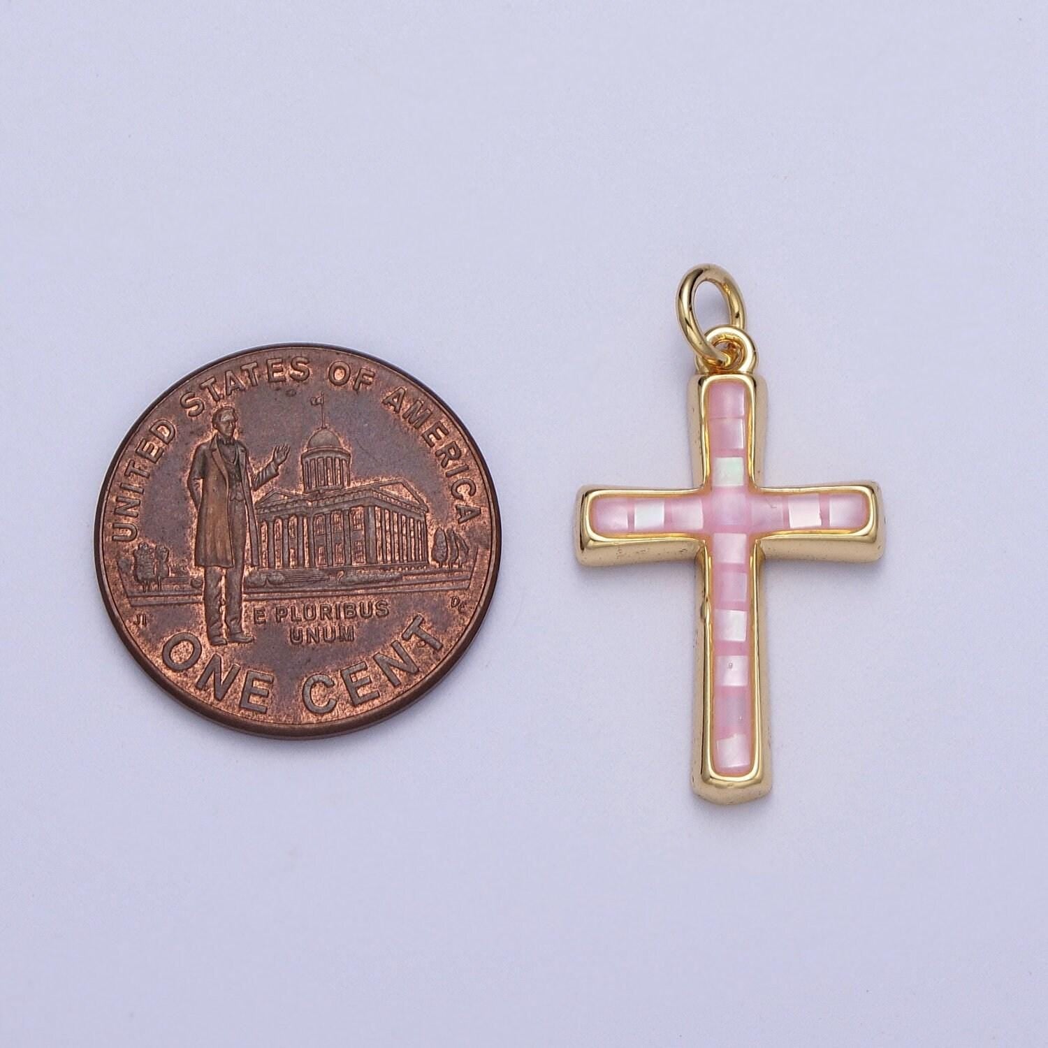 Dainty pink, abalone, blue opal religious cross pendant for christian catholic baptism, religious jewelry making supply in 14k gold filled