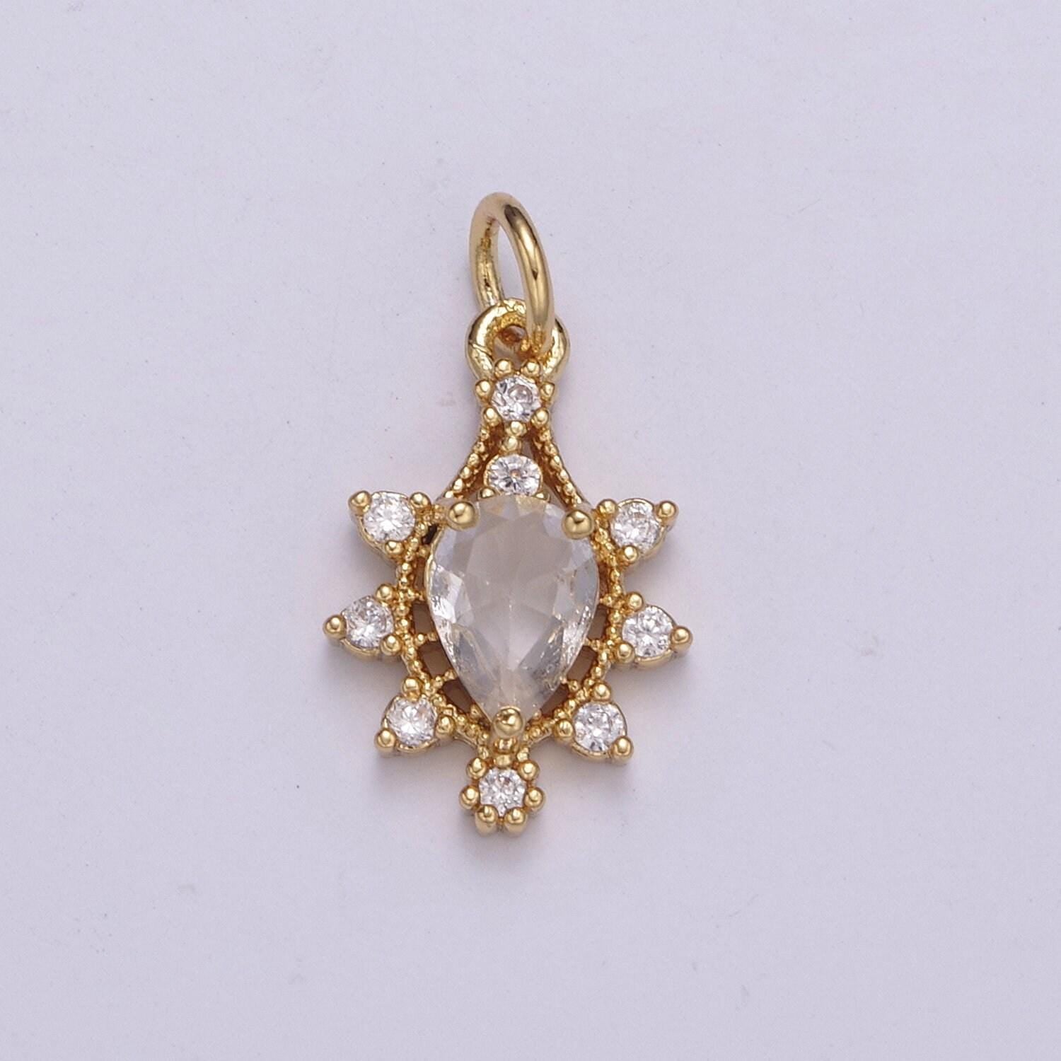Gold flower pear cut cz green solitaire cz charm, tear drop clear zirconia pendant, classic cubic pave for diy craft making. c-202